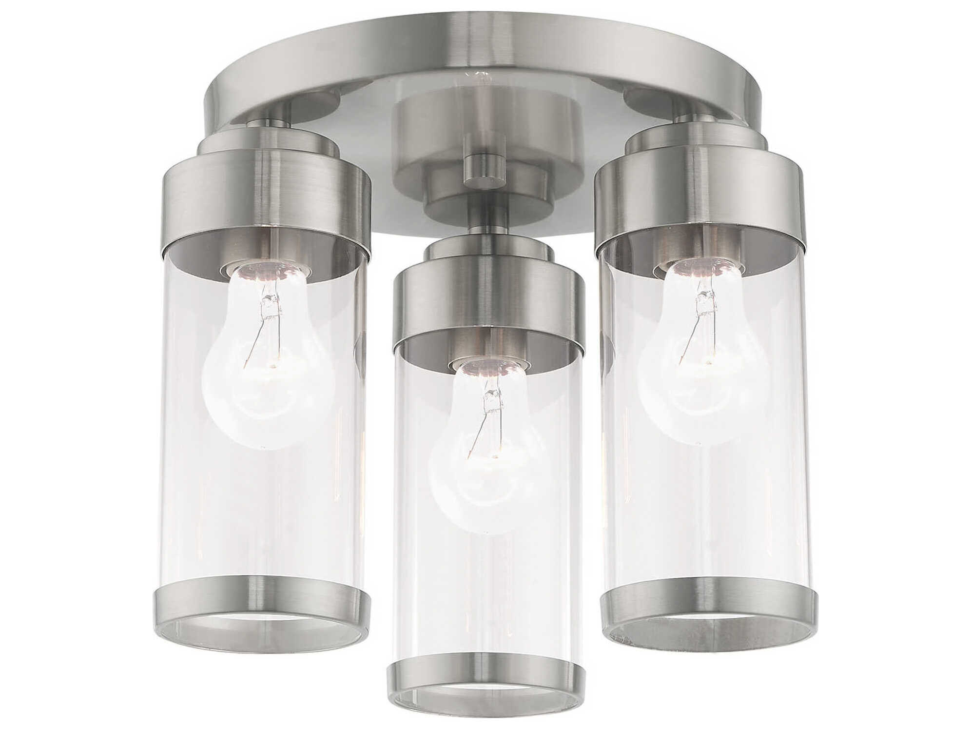 Livex Lighting Hillcrest 3-Light Brushed Nickel Clear Glass Cylinder Semi Flush Mount
