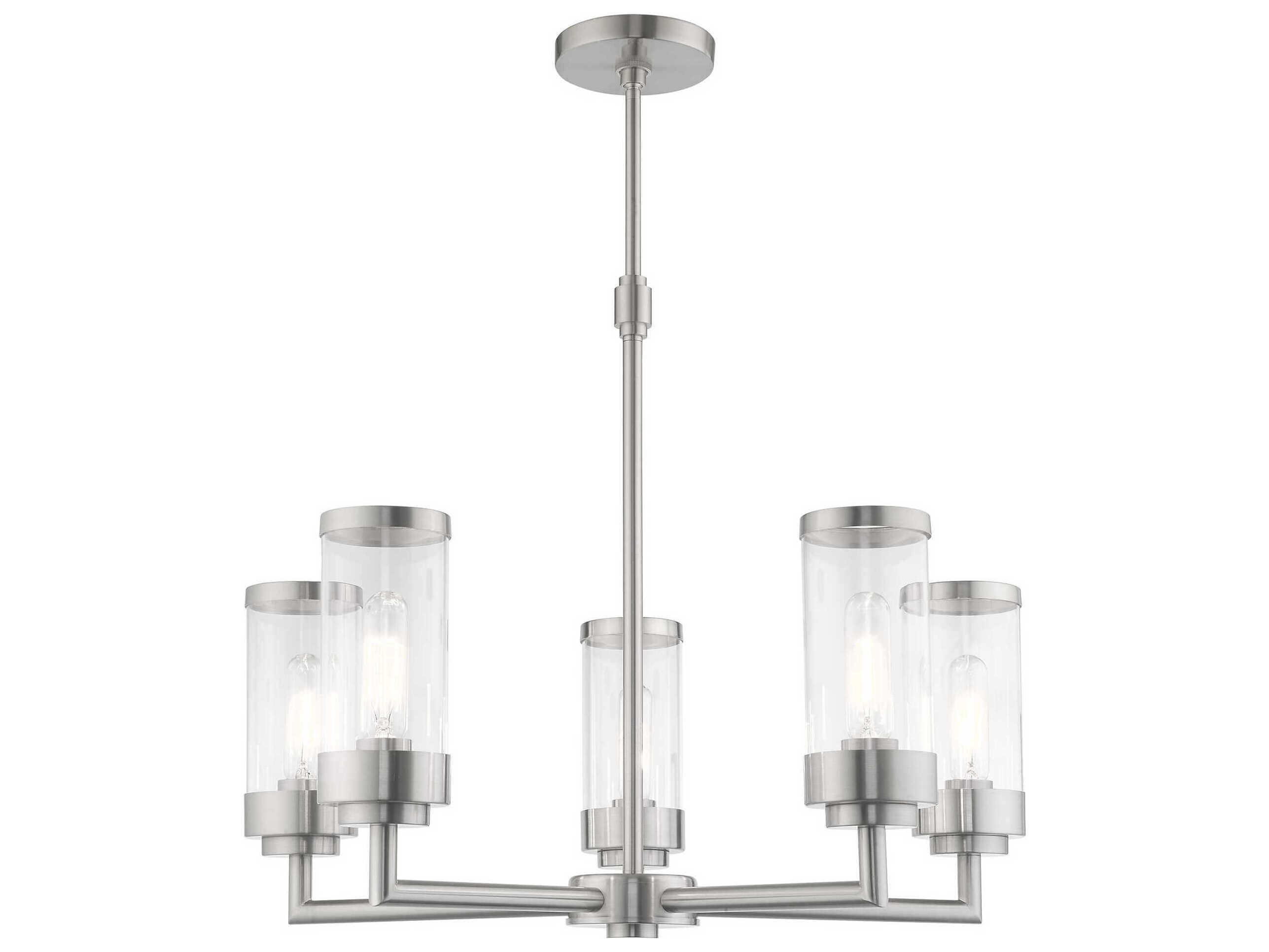 Livex Lighting Hillcrest 5-Light Brushed Nickel Clear Glass Cylinder Chandelier