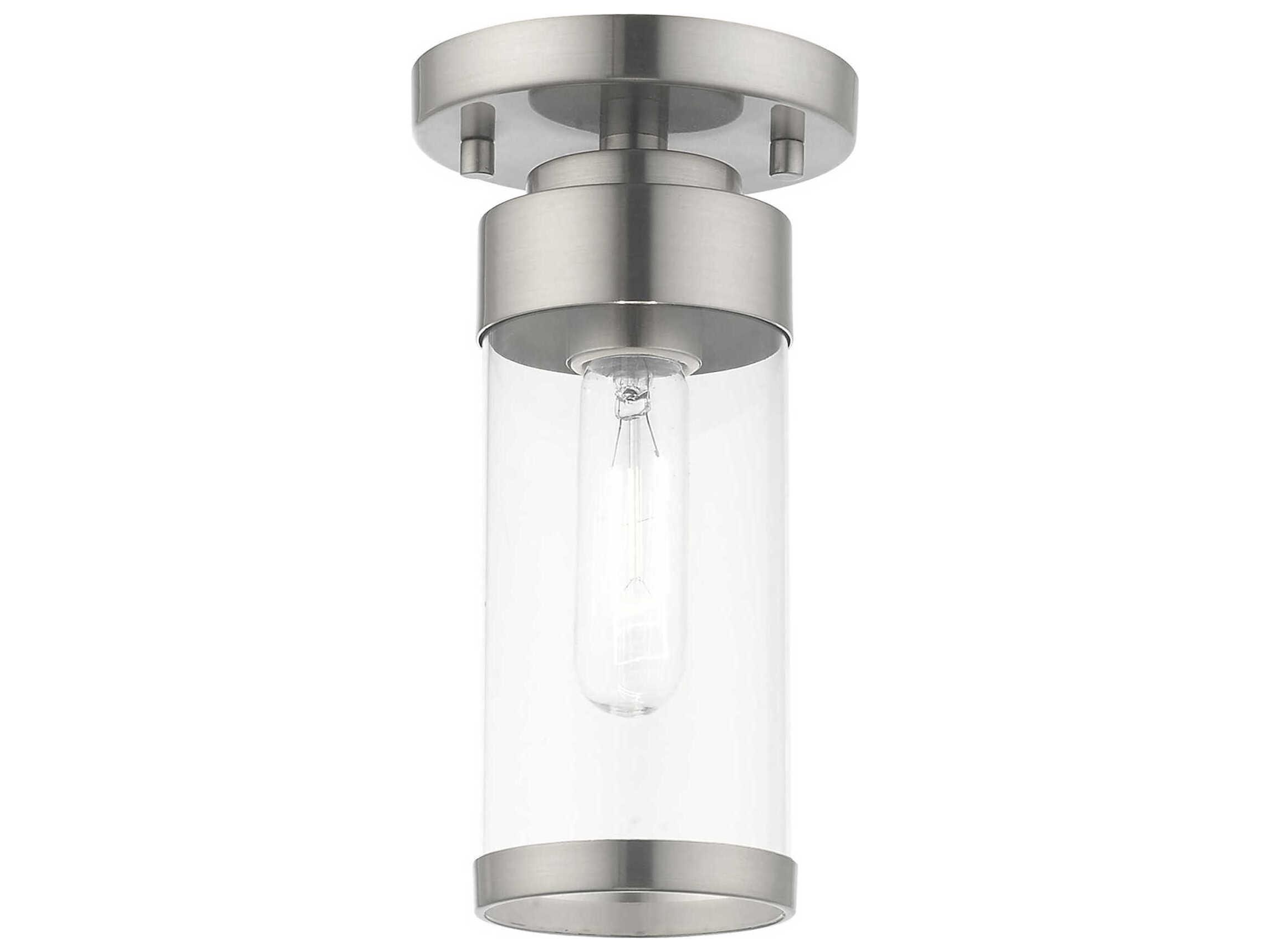 Livex Lighting Hillcrest 1-Light Brushed Nickel Clear Glass Cylinder Semi Flush Mount