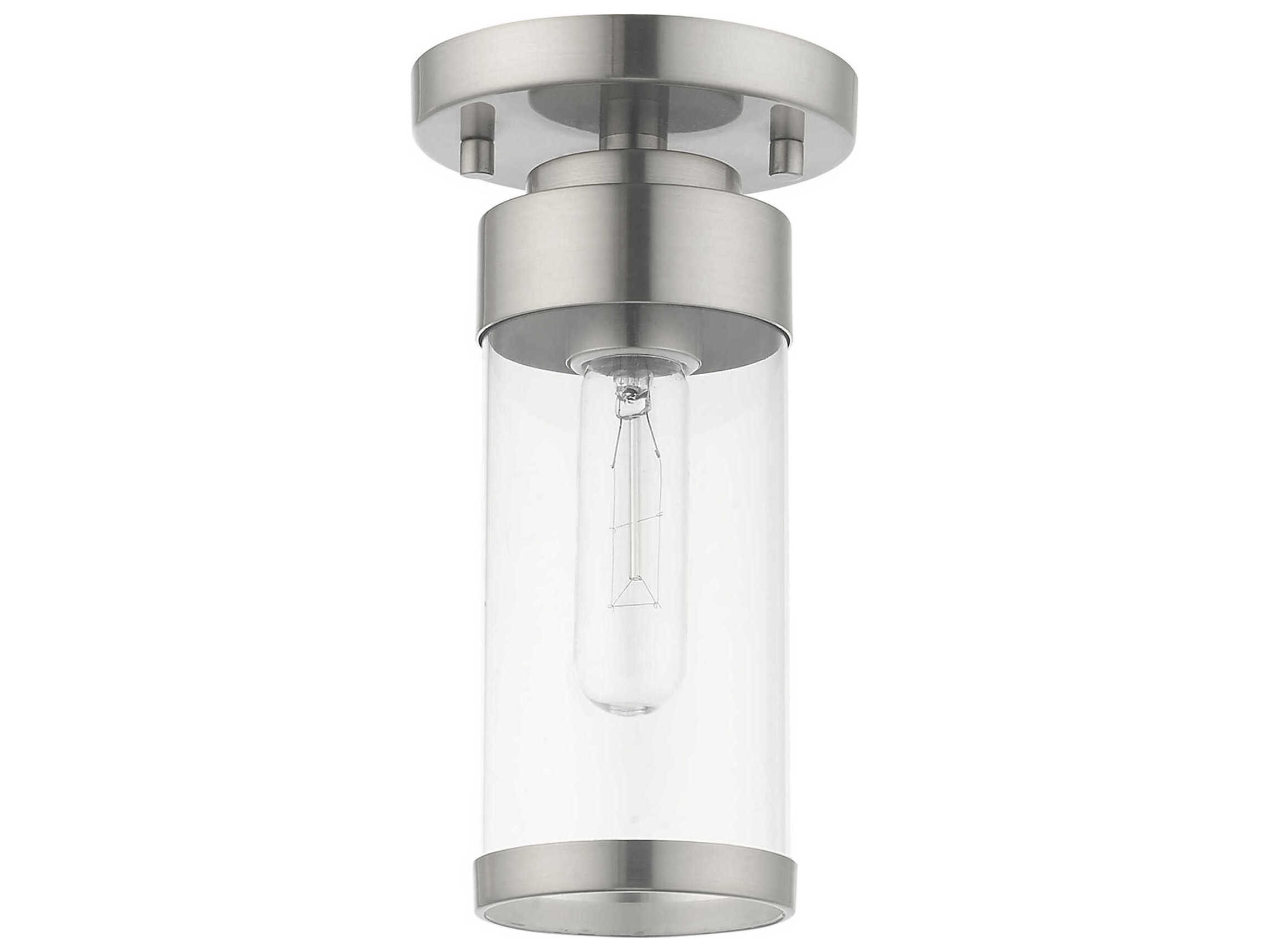Livex Lighting Hillcrest 1-Light Brushed Nickel Clear Glass Cylinder Semi Flush Mount