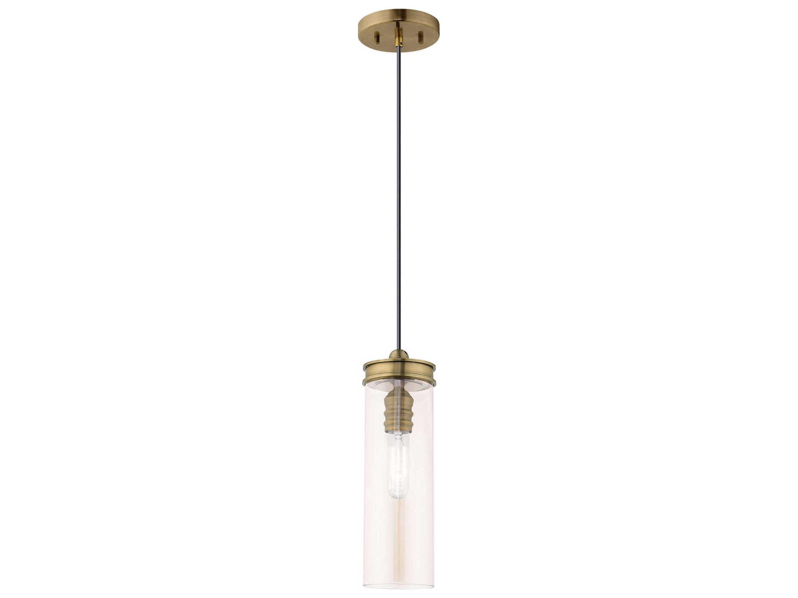 Livex Lighting Art Glass 1-Light Antique Brass Clear Cylinder Mini Pendant
