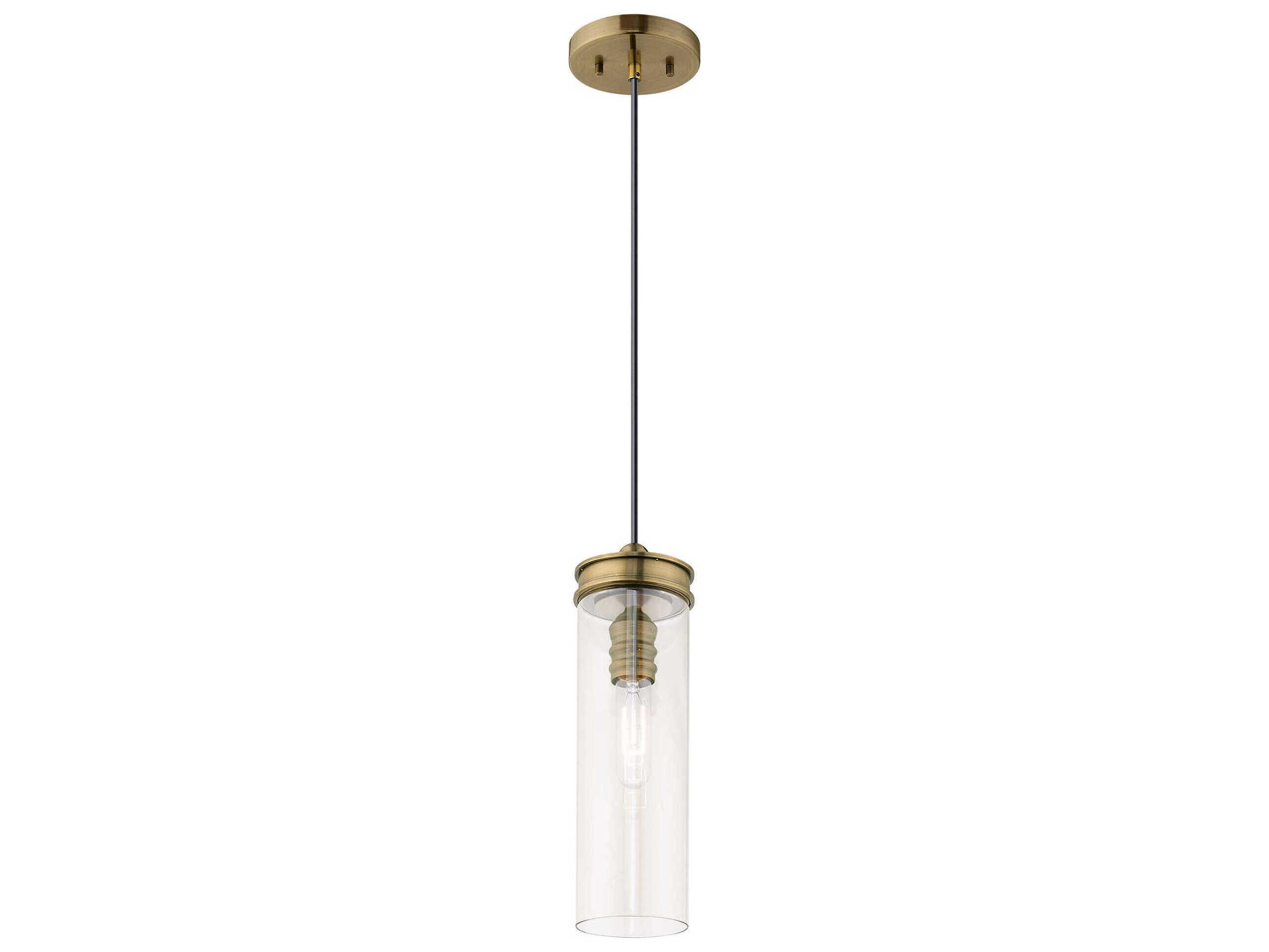 Livex Lighting Art Glass 1-Light Antique Brass Clear Cylinder Mini Pendant