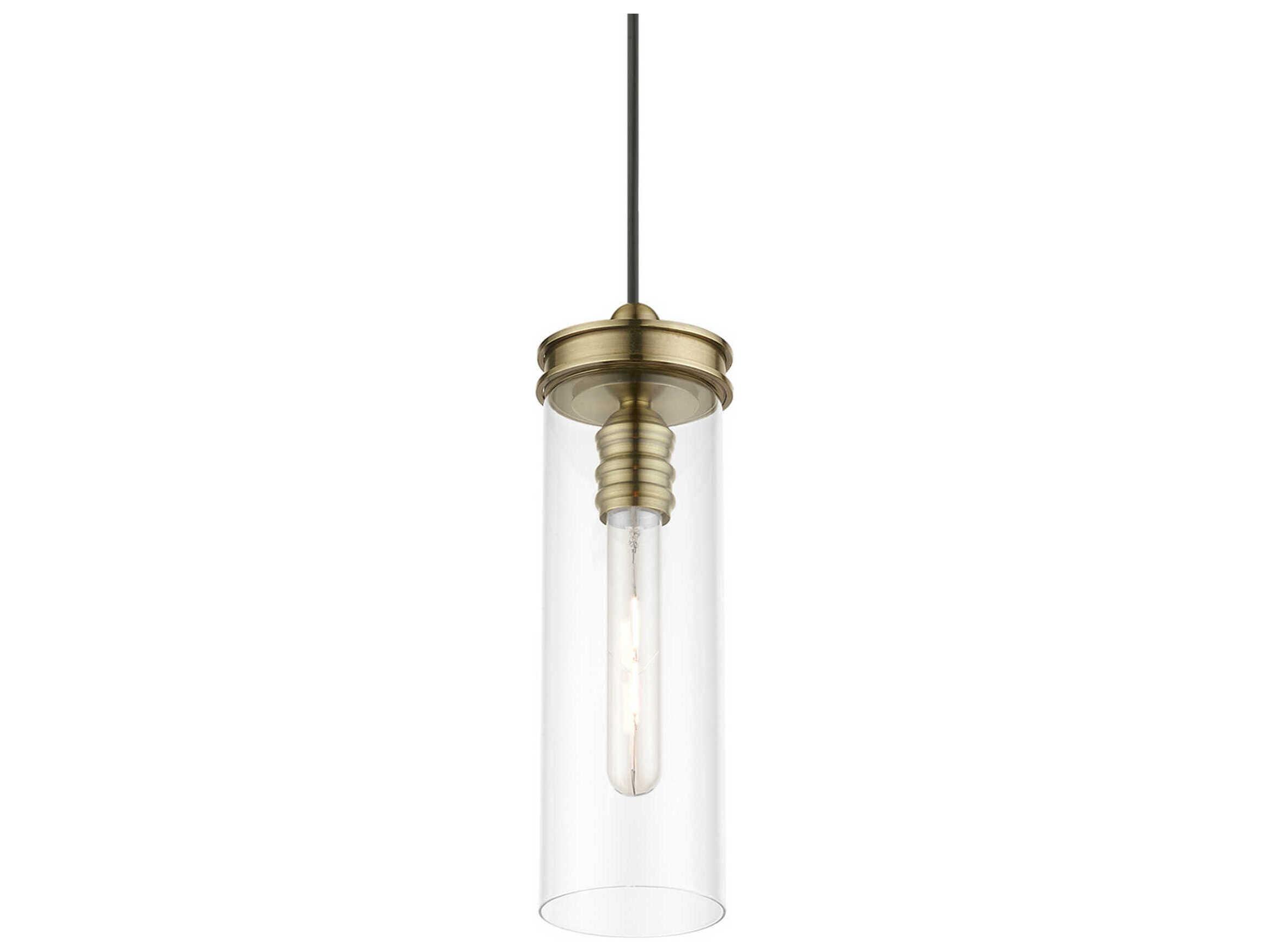 Livex Lighting Devoe 1-Light Antique Brass Glass Cylinder Mini Pendant