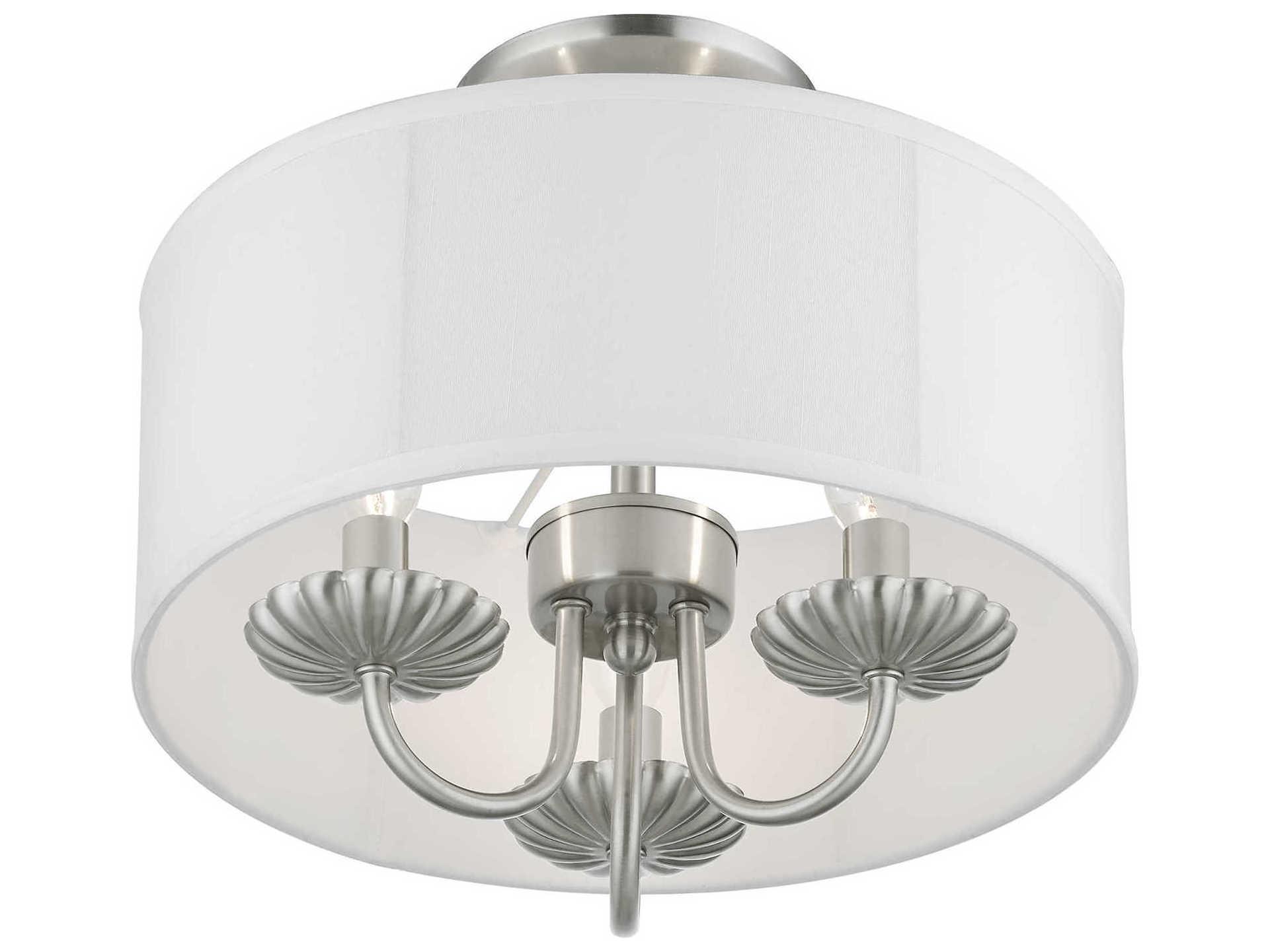 Livex Lighting Brookdale 3-Light Brushed Nickel White Drum Semi Flush Mount