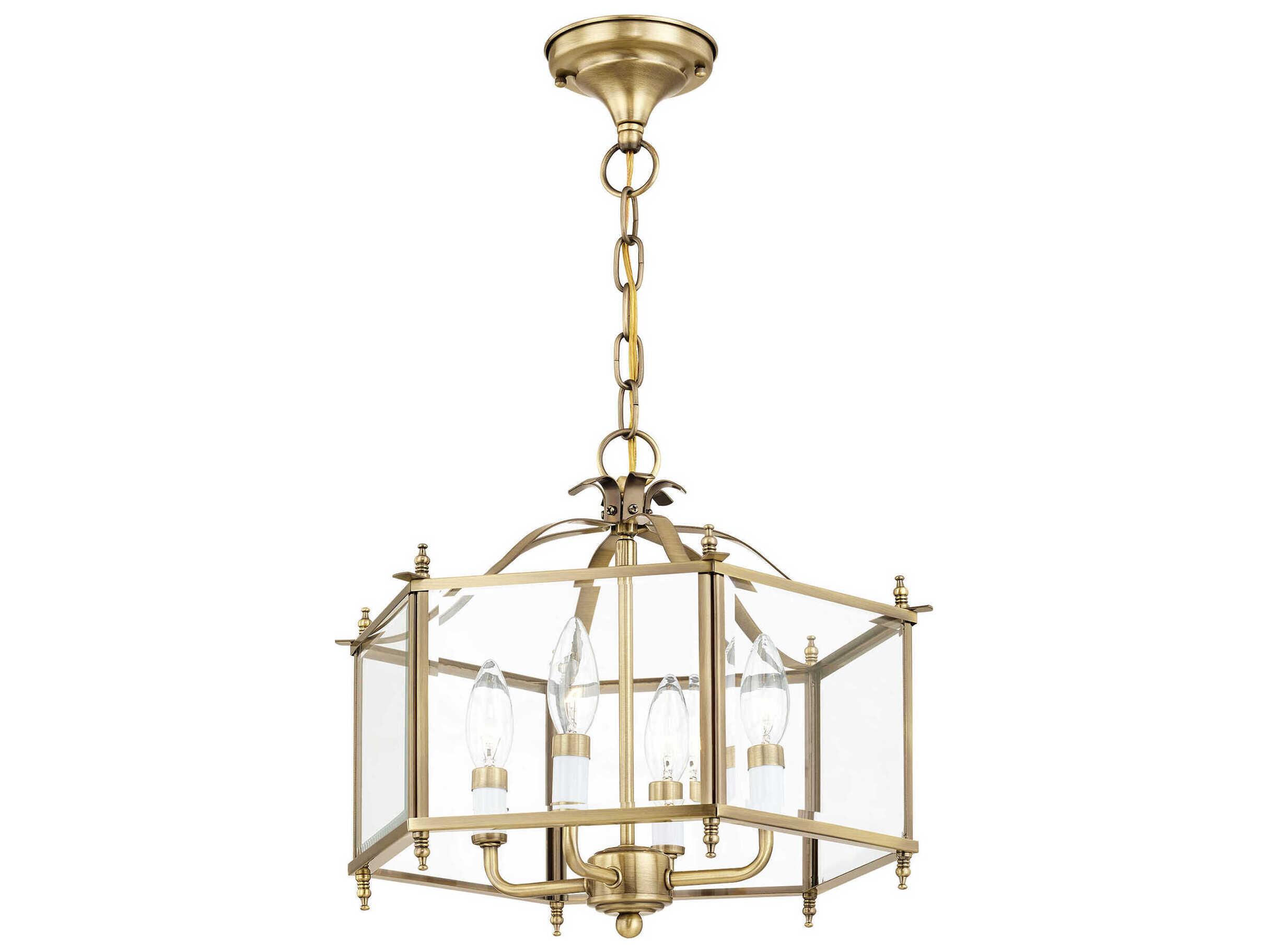 Livex Lighting Livingston 4-Light Antique Brass Glass Candelabra Lantern Chandelier