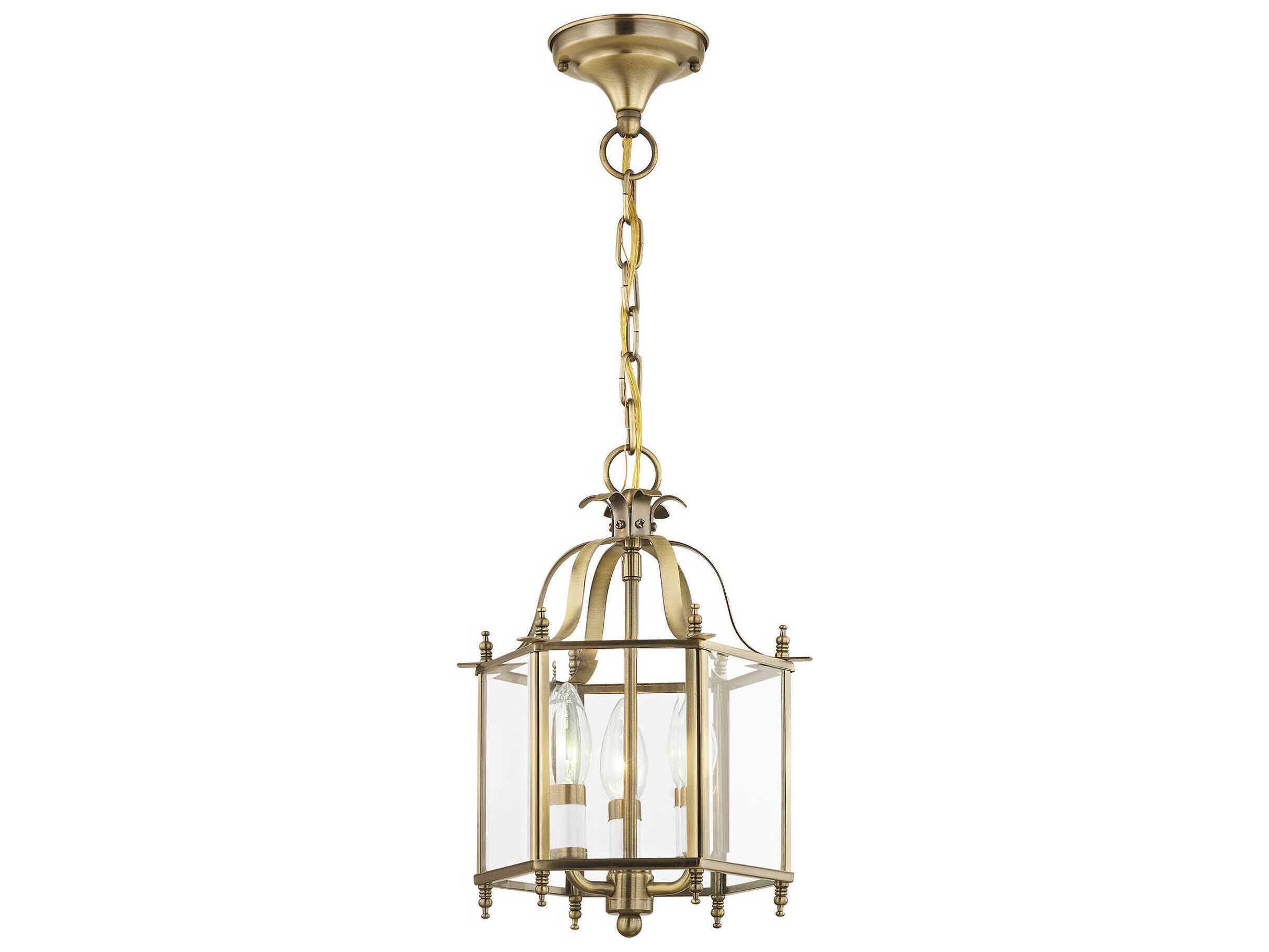 Livex Lighting Livingston 3-Light Antique Brass Glass Candelabra Lantern Chandelier