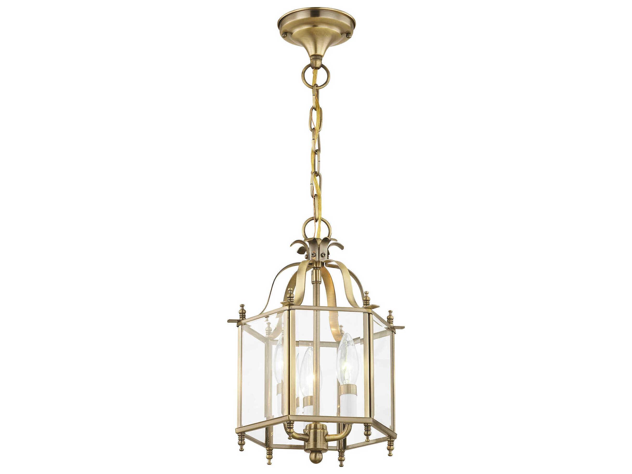 Livex Lighting Livingston 3-Light Antique Brass Glass Candelabra Lantern Chandelier
