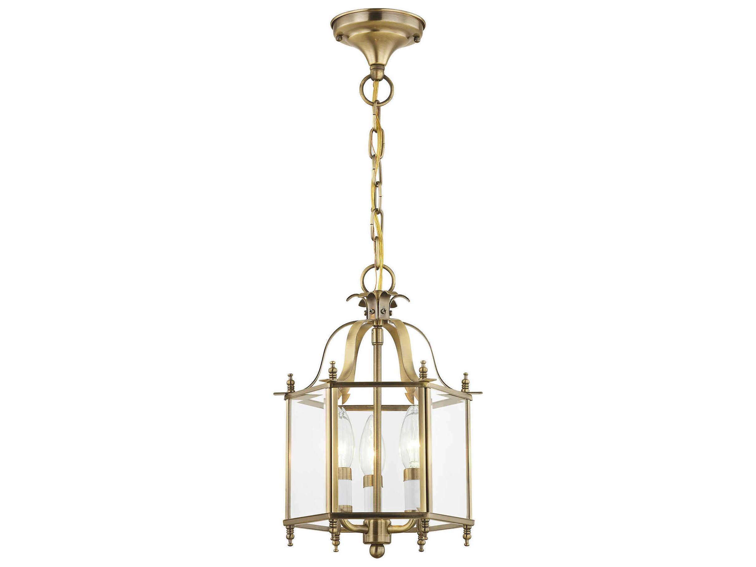 Livex Lighting Livingston 3-Light Antique Brass Glass Candelabra Lantern Chandelier
