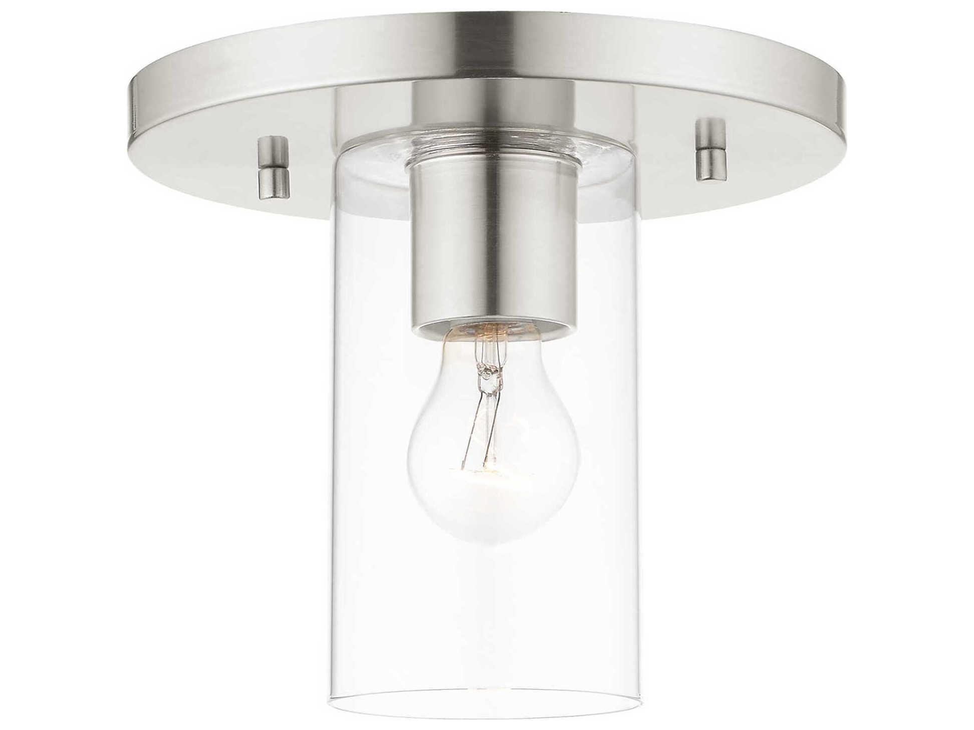 Livex Lighting Zurich 1-Light Brushed Nickel Clear Glass Cylinder Geometric Flush Mount
