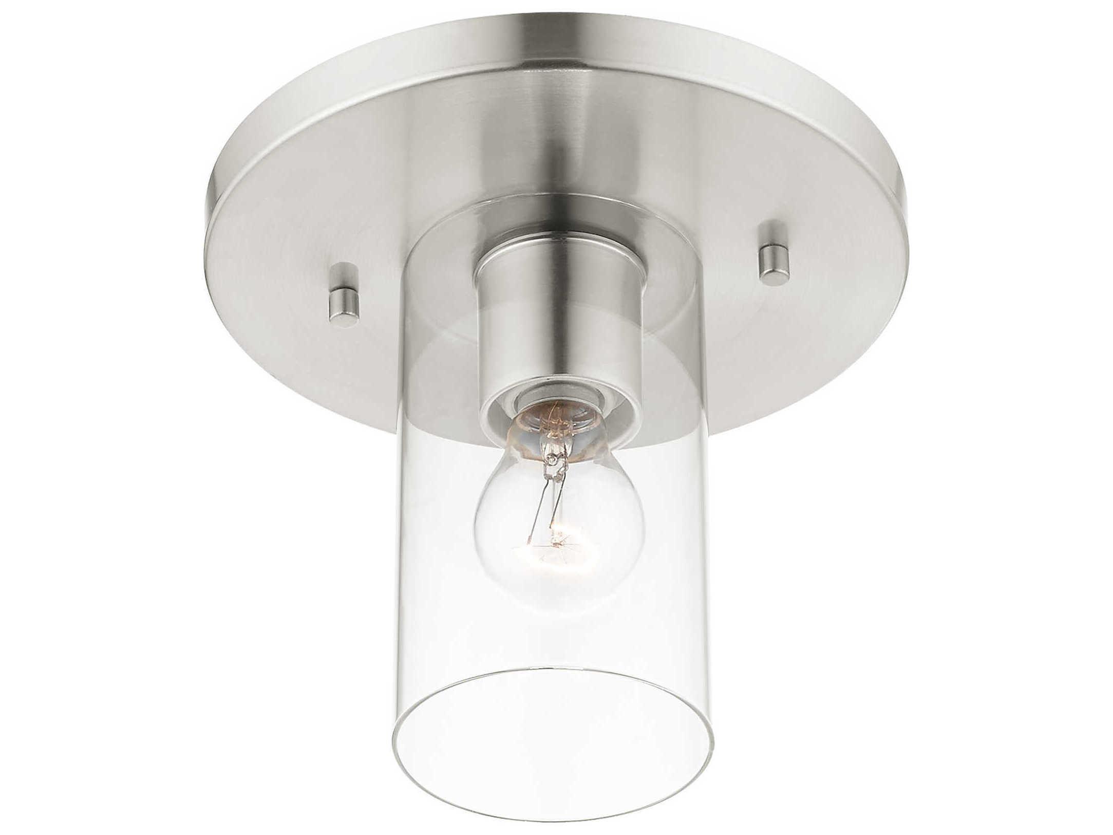 Livex Lighting Zurich 1-Light Brushed Nickel Clear Glass Cylinder Geometric Flush Mount