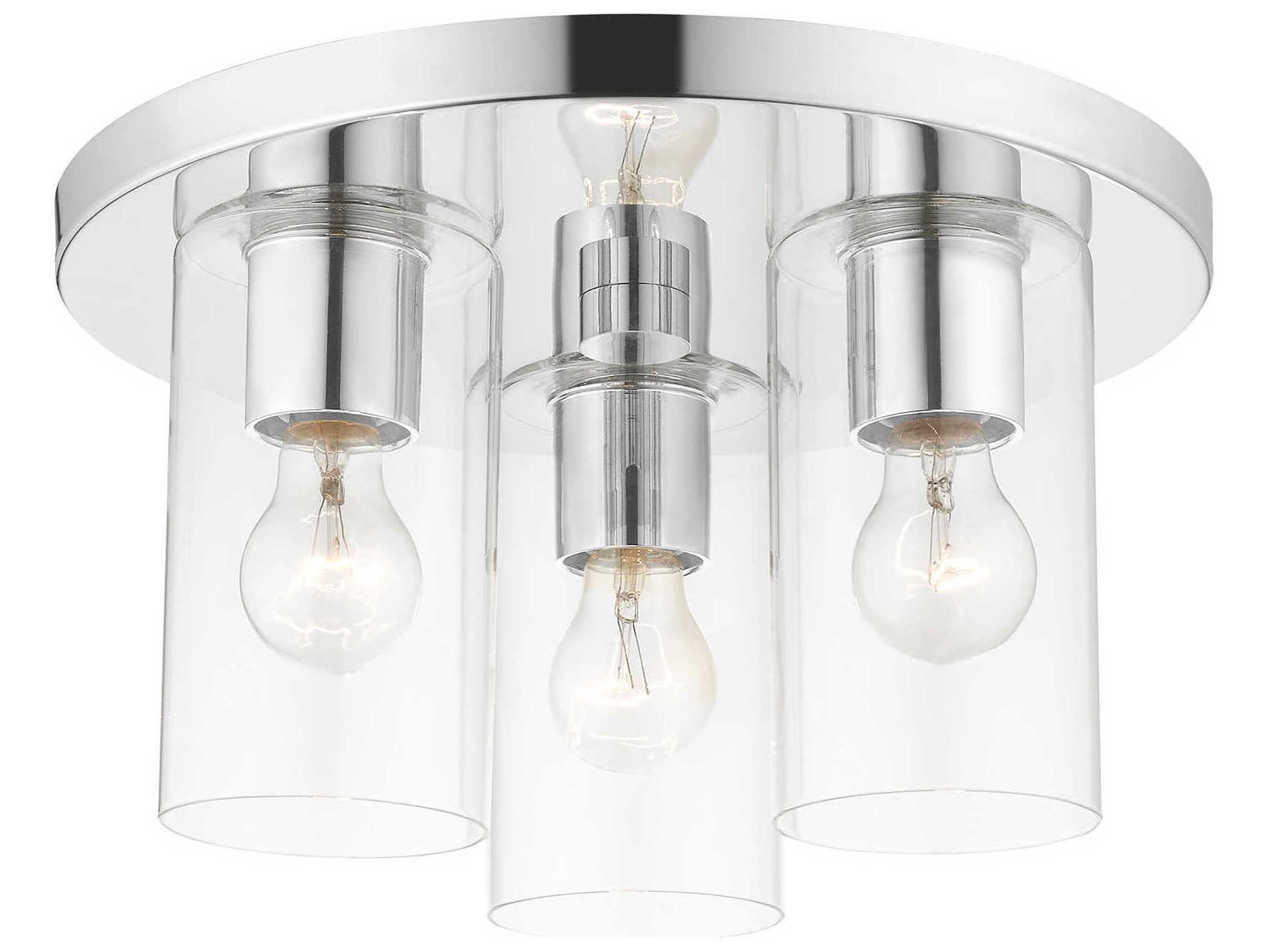 Livex Lighting Zurich 3-Light Polished Chrome Clear Glass Cylinder Geometric Flush Mount