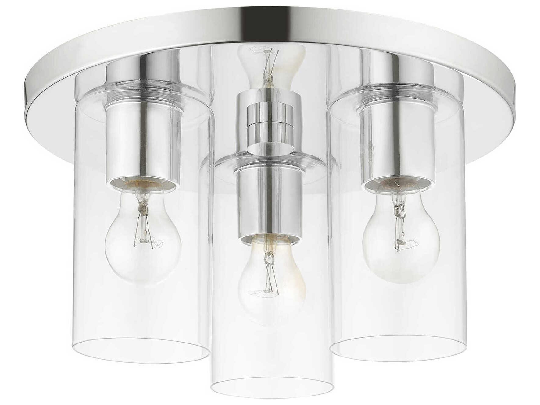 Livex Lighting Zurich 3-Light Polished Chrome Clear Glass Cylinder Geometric Flush Mount