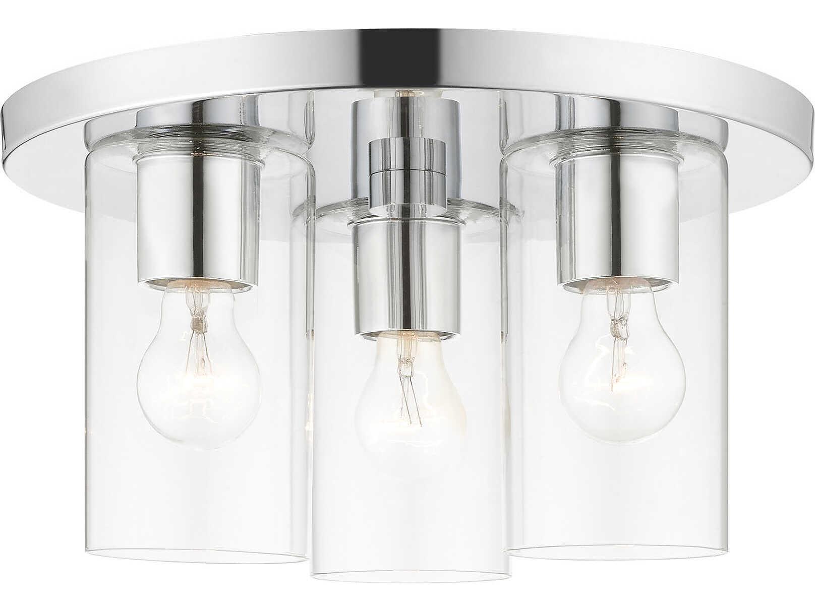 Livex Lighting Zurich 3-Light Polished Chrome Clear Glass Cylinder Geometric Flush Mount