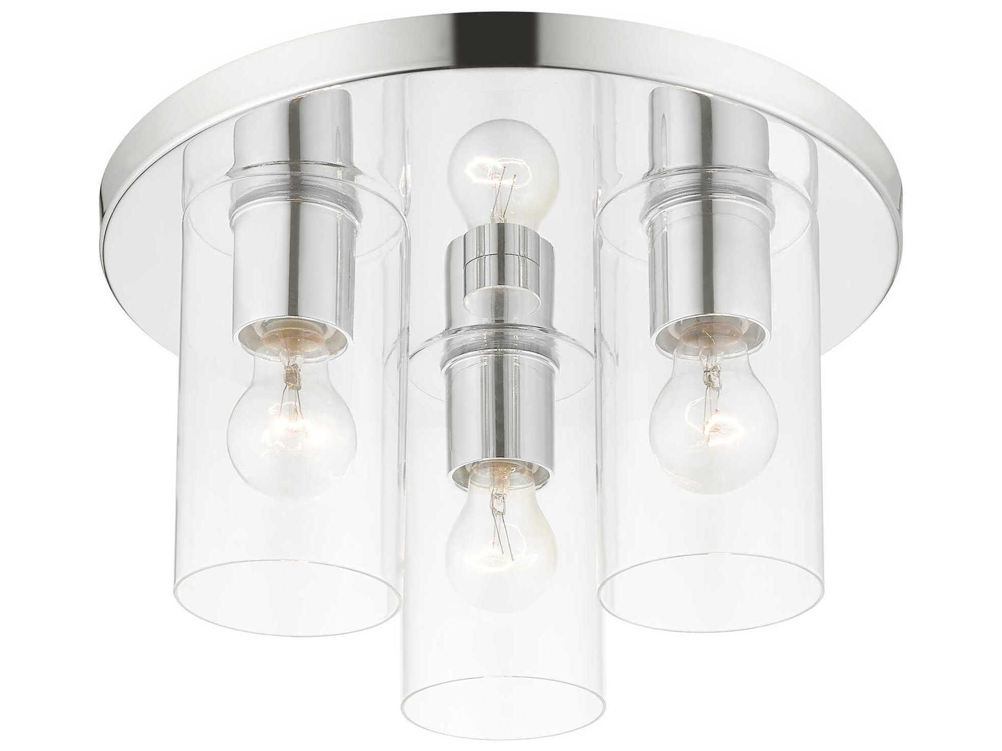 Livex Lighting Zurich 3-Light Polished Chrome Clear Glass Cylinder Geometric Flush Mount