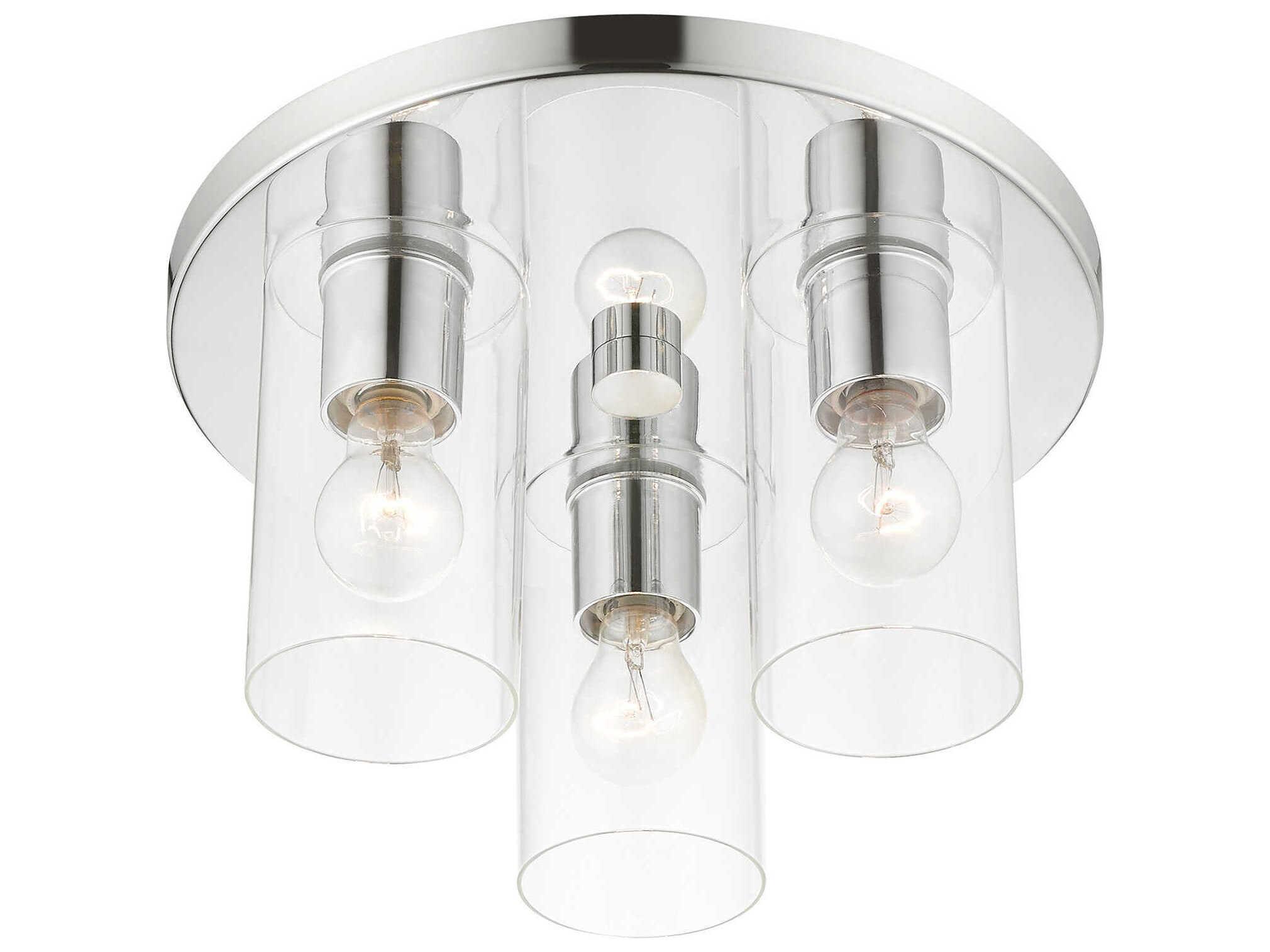 Livex Lighting Zurich 3-Light Polished Chrome Clear Glass Cylinder Geometric Flush Mount