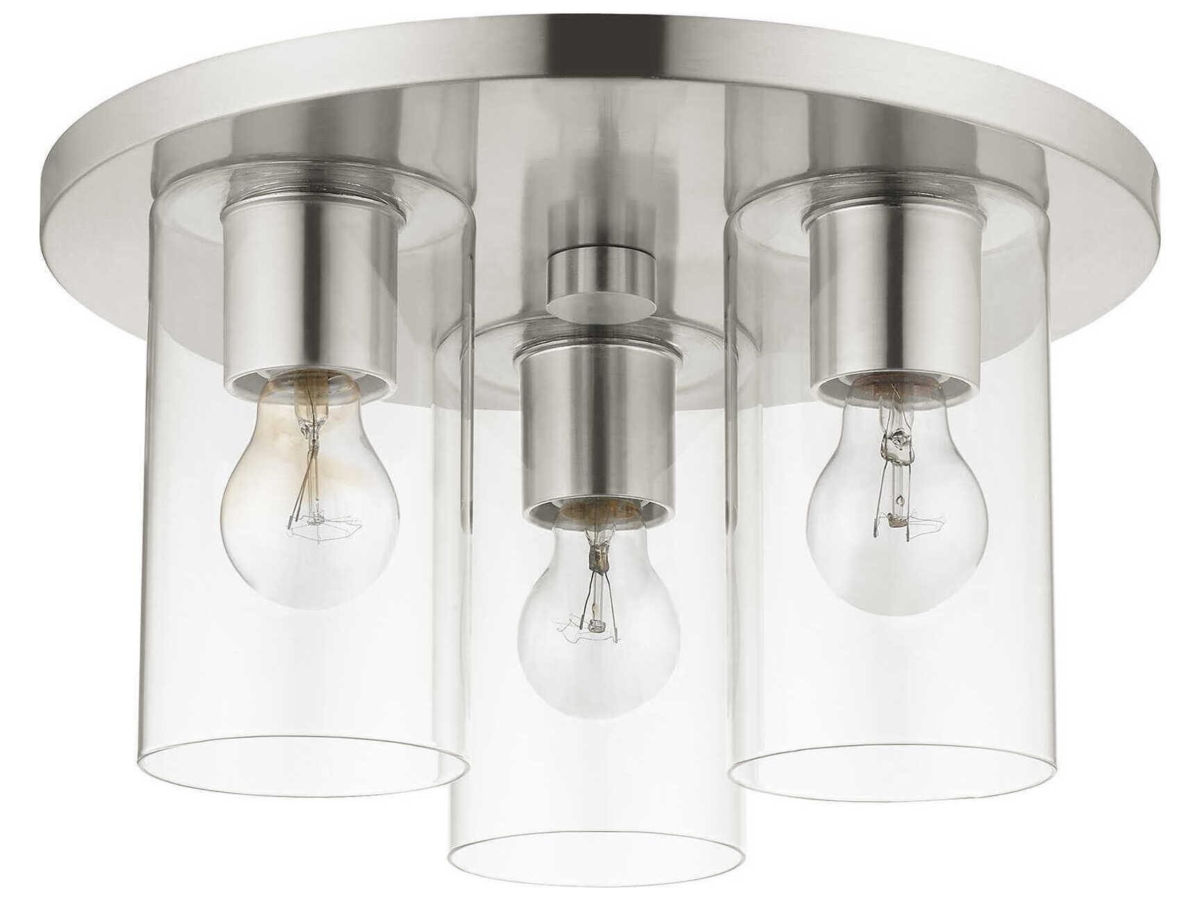 Livex Lighting Zurich 3-Light Brushed Nickel Clear Glass Cylinder Geometric Flush Mount