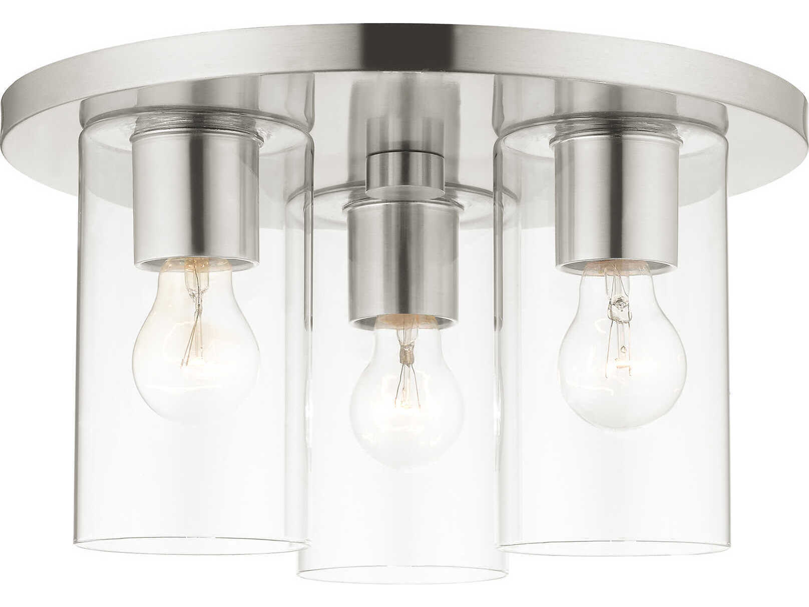 Livex Lighting Zurich 3-Light Brushed Nickel Clear Glass Cylinder Geometric Flush Mount