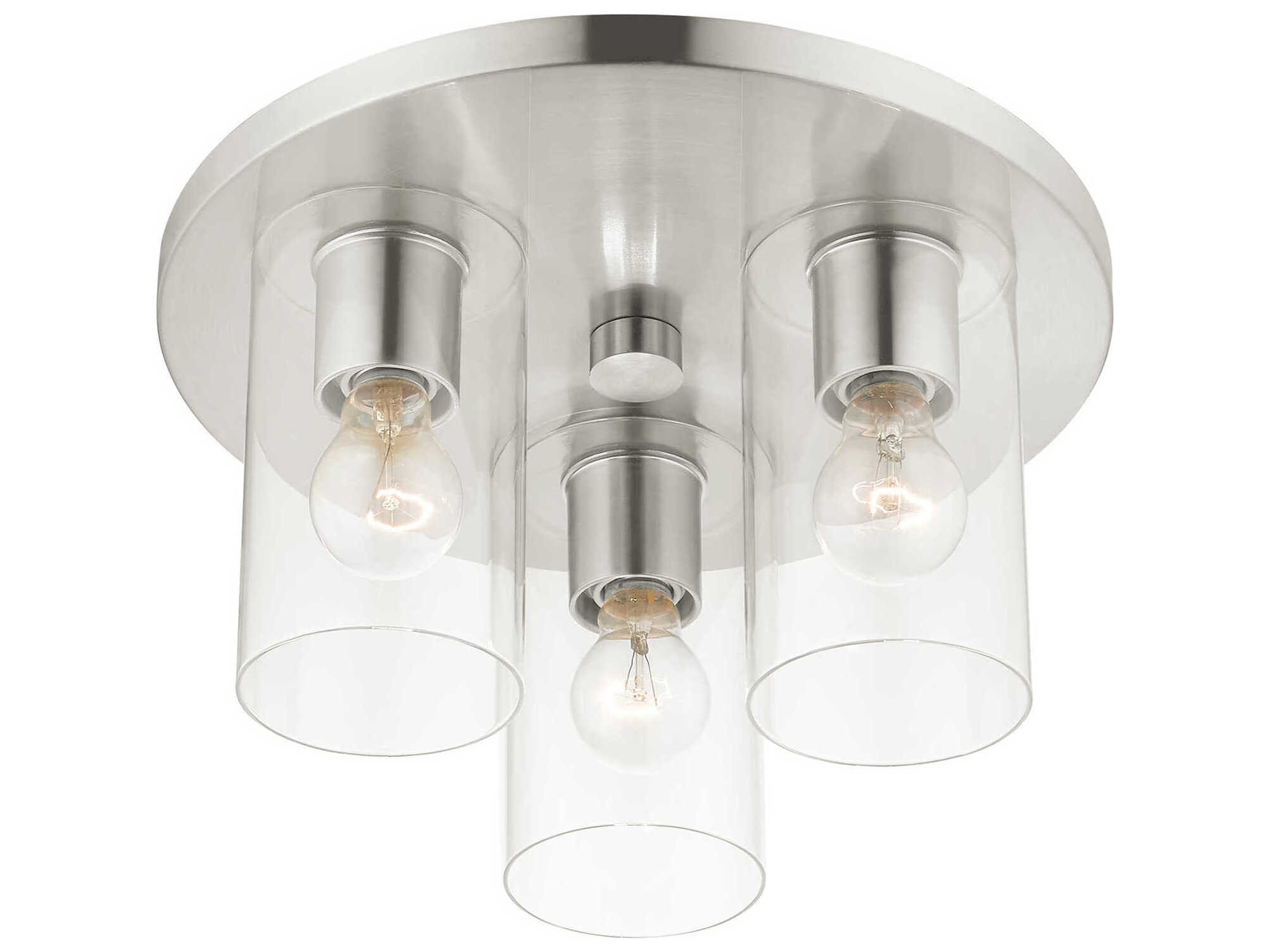 Livex Lighting Zurich 3-Light Brushed Nickel Clear Glass Cylinder Geometric Flush Mount