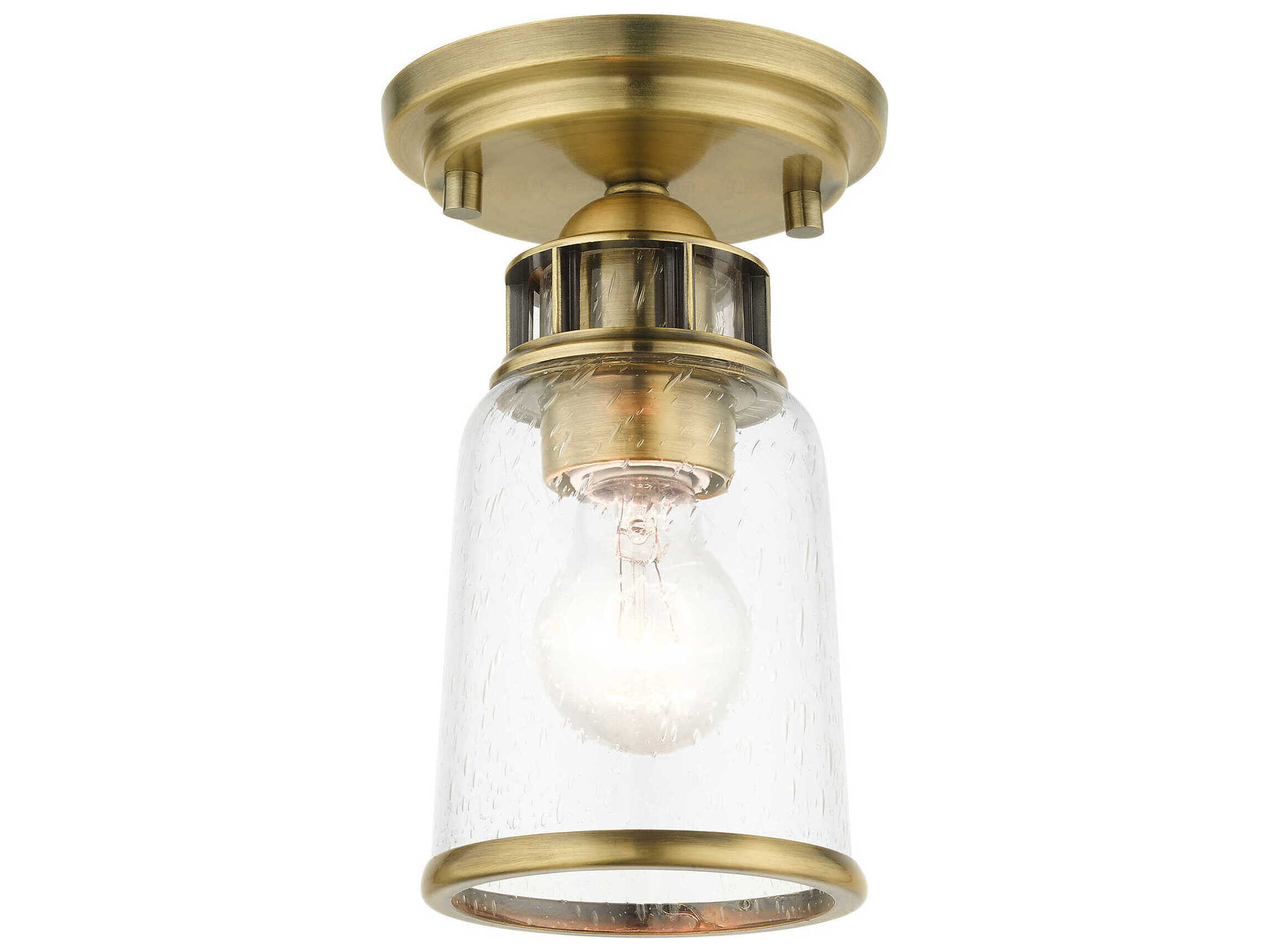 Livex Lighting Lawrenceville 1-Light Antique Brass Clear Glass Bell Semi Flush Mount