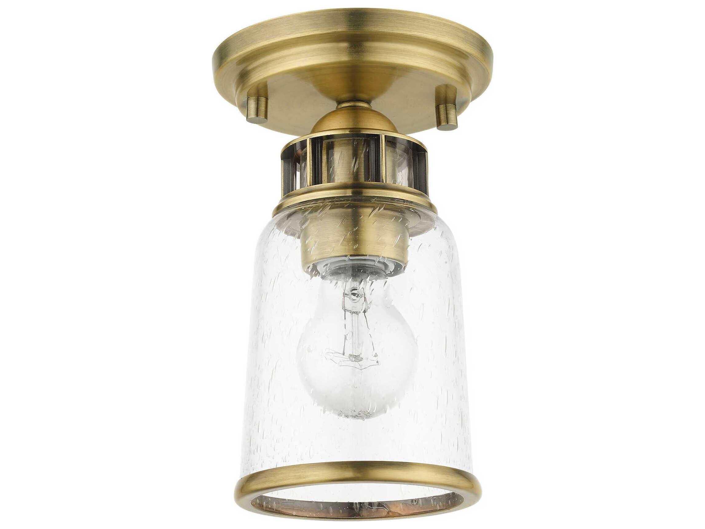 Livex Lighting Lawrenceville 1-Light Antique Brass Clear Glass Bell Semi Flush Mount