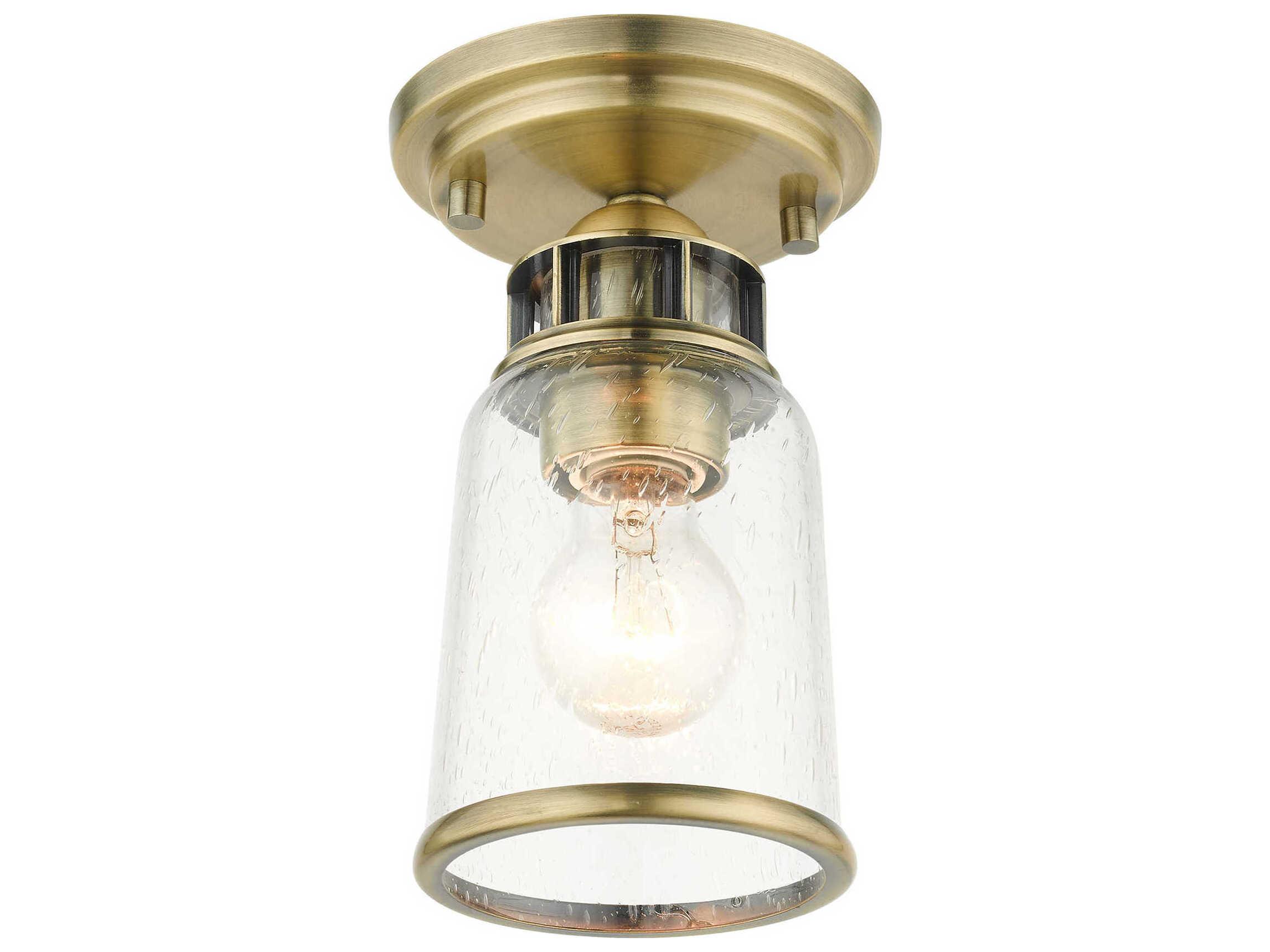 Livex Lighting Lawrenceville 1-Light Antique Brass Clear Glass Bell Semi Flush Mount