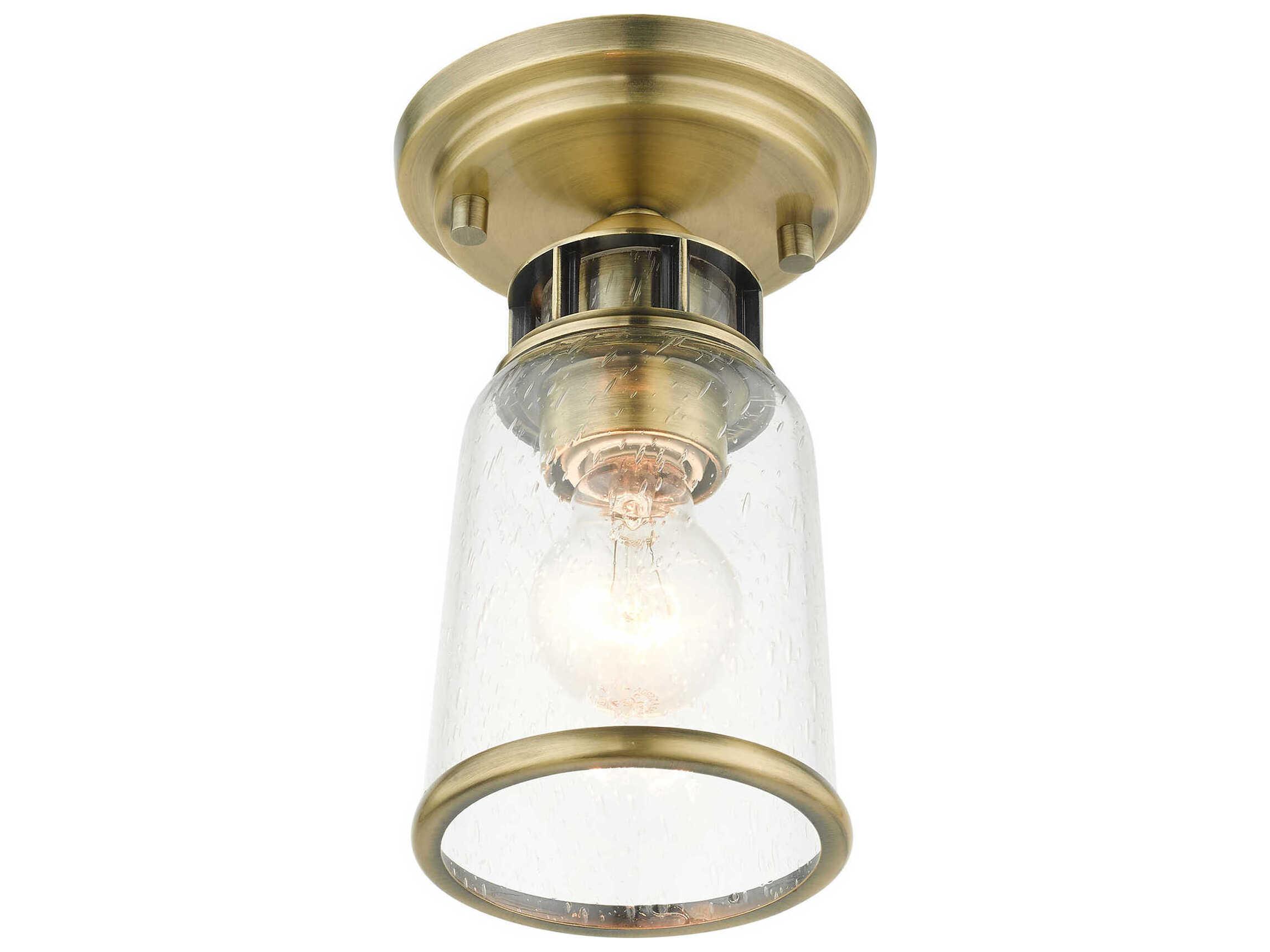 Livex Lighting Lawrenceville 1-Light Antique Brass Clear Glass Bell Semi Flush Mount
