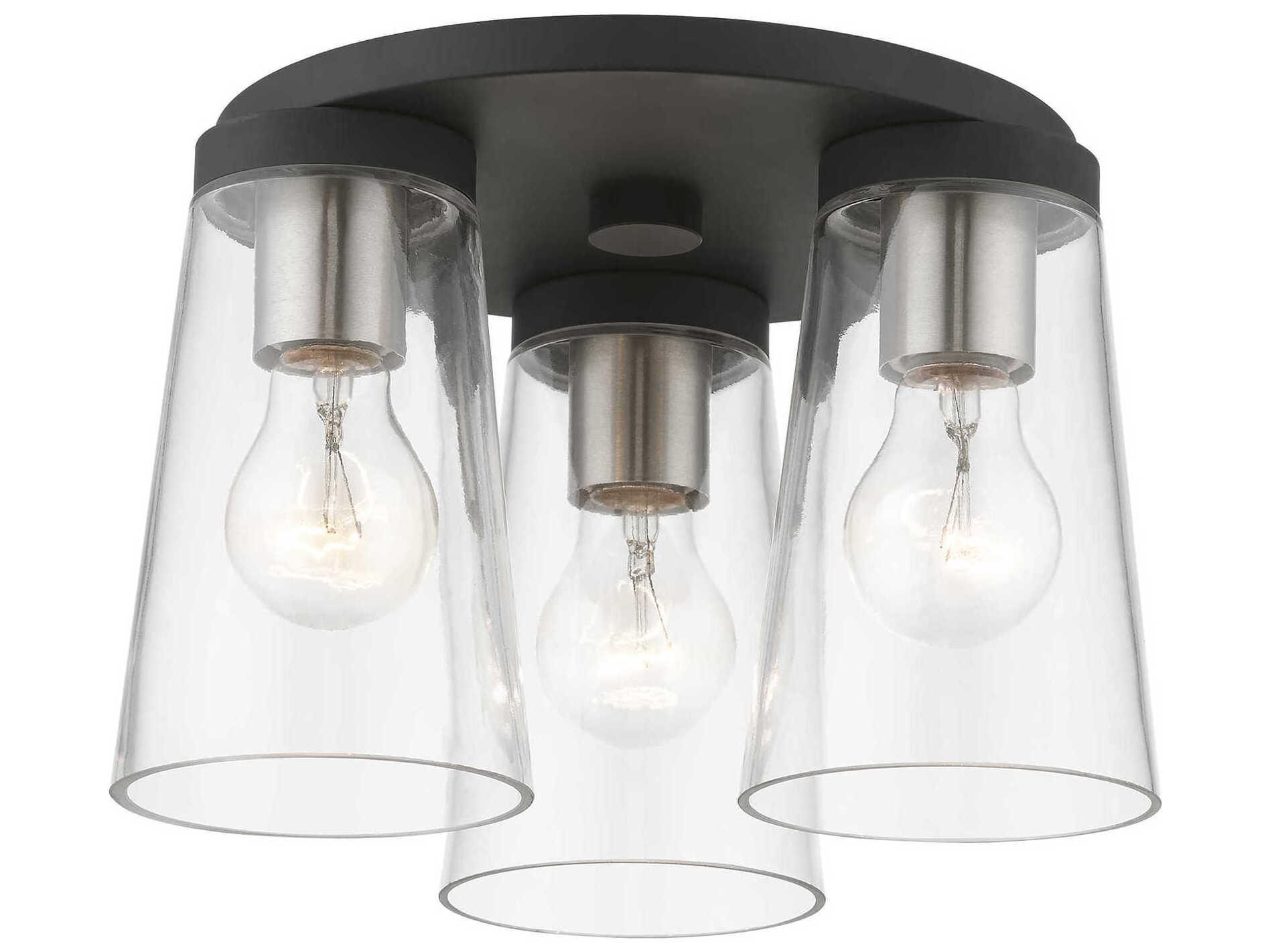 Livex Lighting Cityview 3-Light Black Brushed Nickel Glass Cylinder Flush Mount