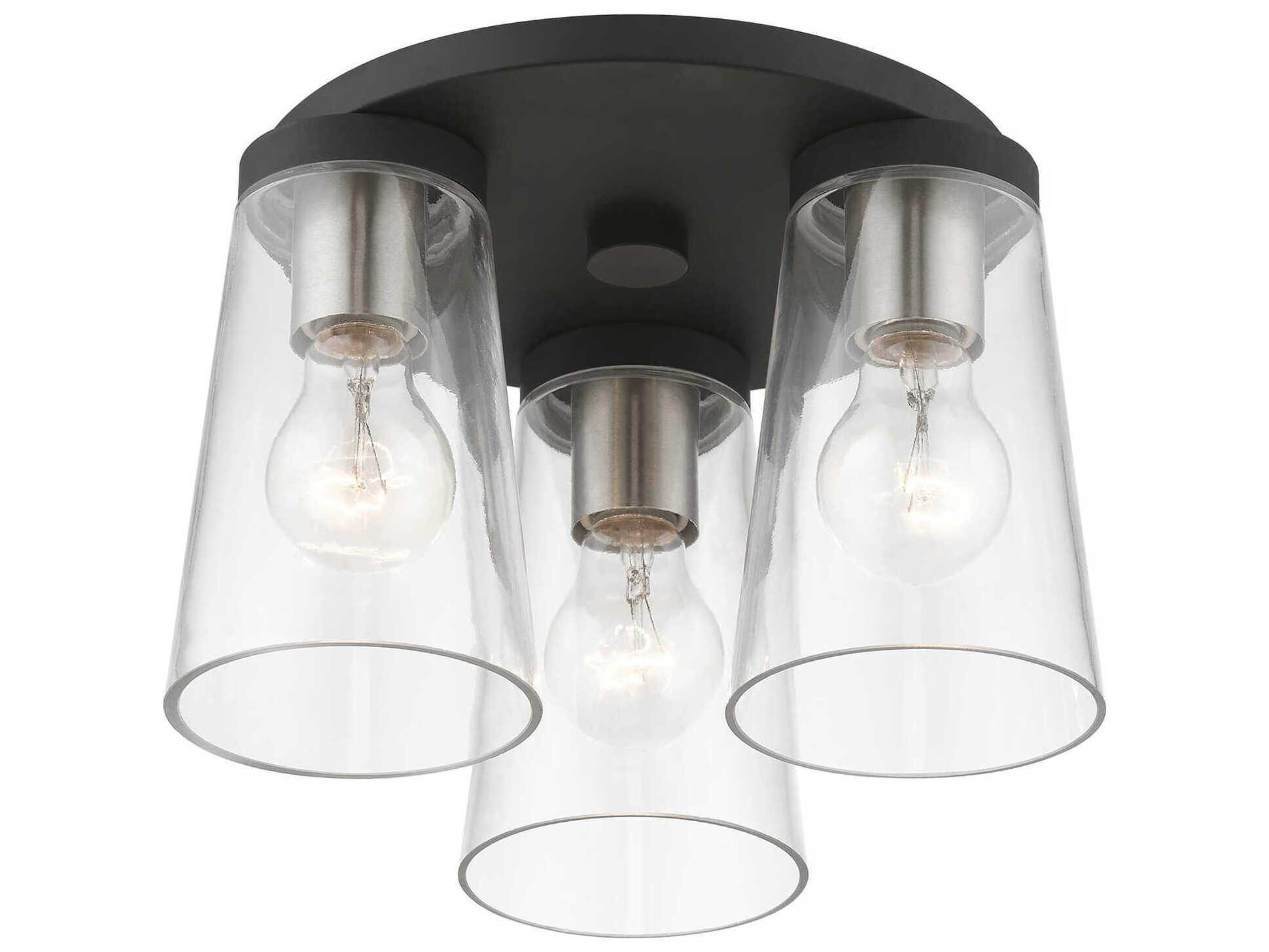 Livex Lighting Cityview 3-Light Black Brushed Nickel Glass Cylinder Flush Mount