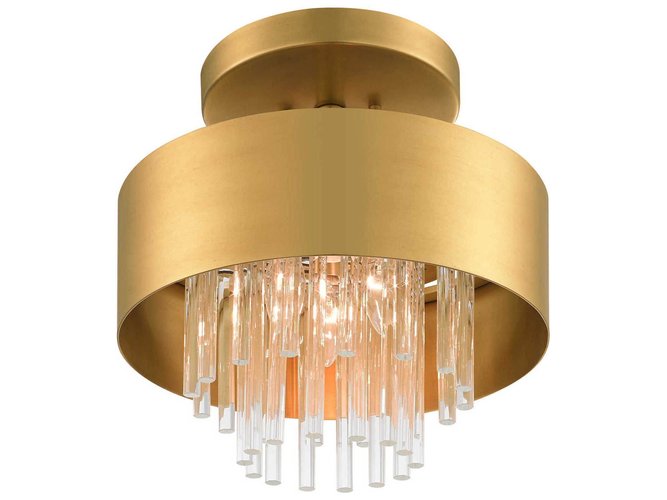 Livex Lighting Orenburg 3-Light Natural Brass Crystal Drum Semi Flush Mount
