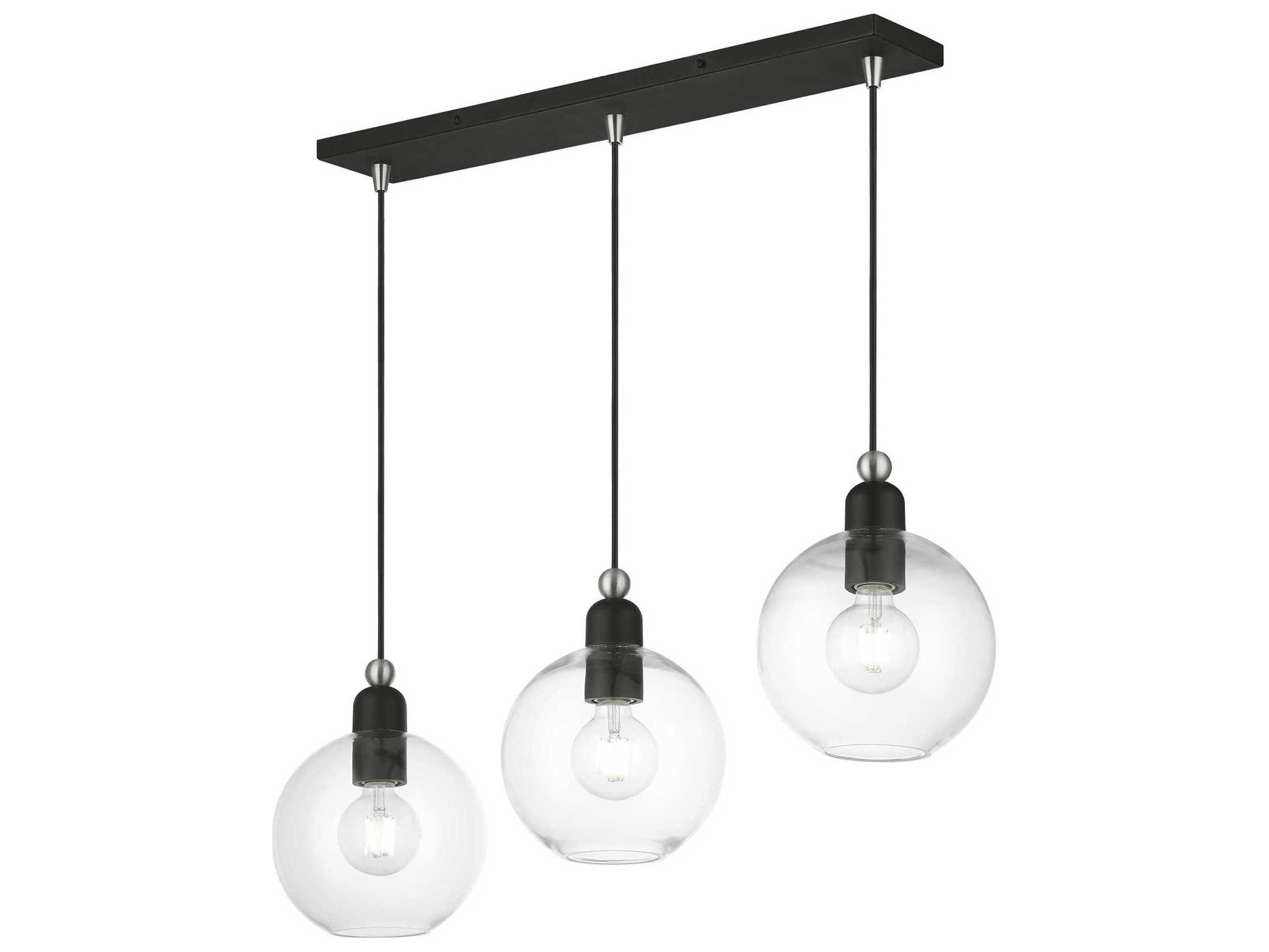 Livex Lighting Downtown 3-Light Black Brushed Nickel Glass Globe Linear Island Pendant
