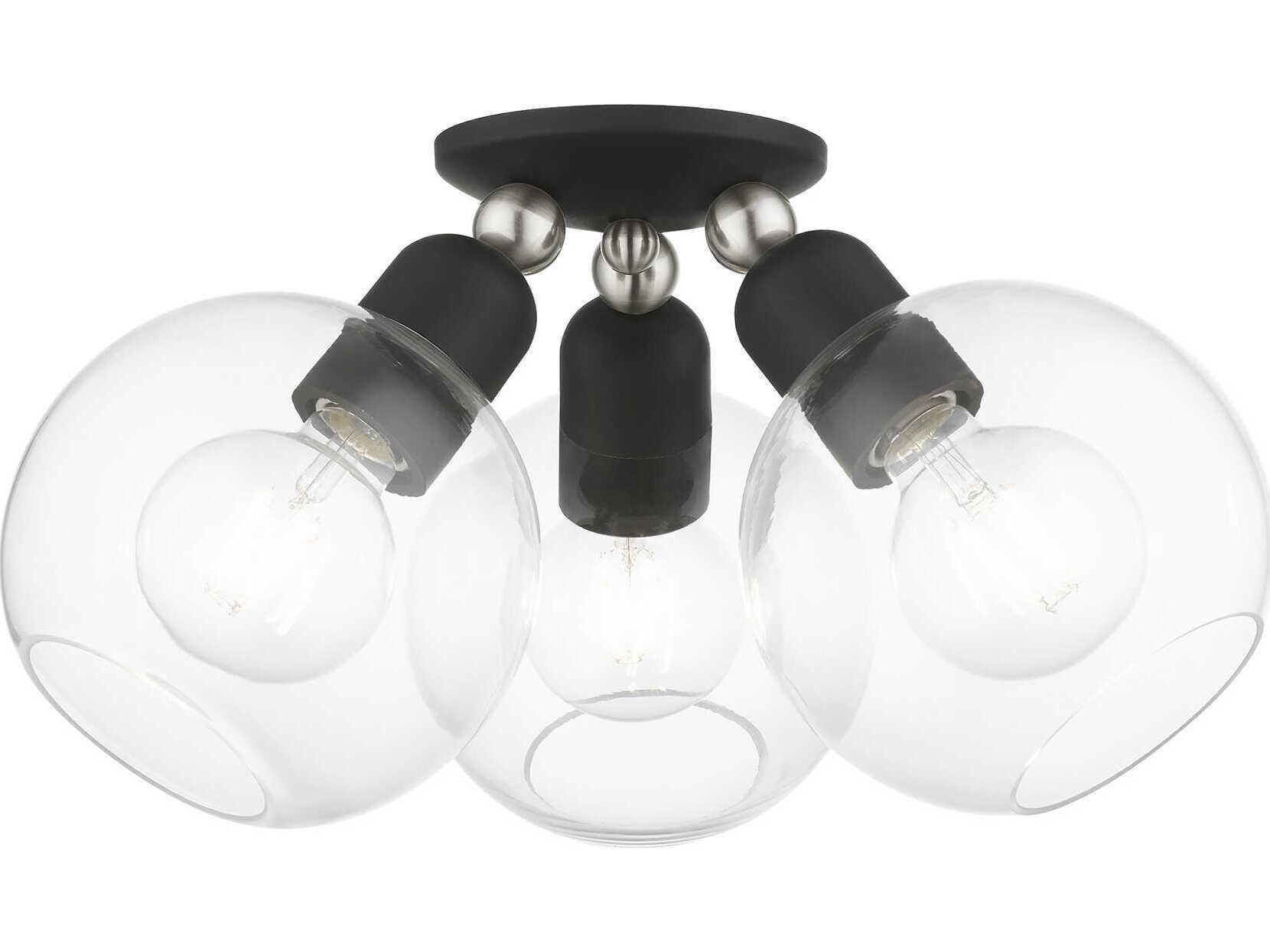 Livex Lighting Downtown 3-Light Black Brushed Nickel Glass Globe Semi Flush Mount