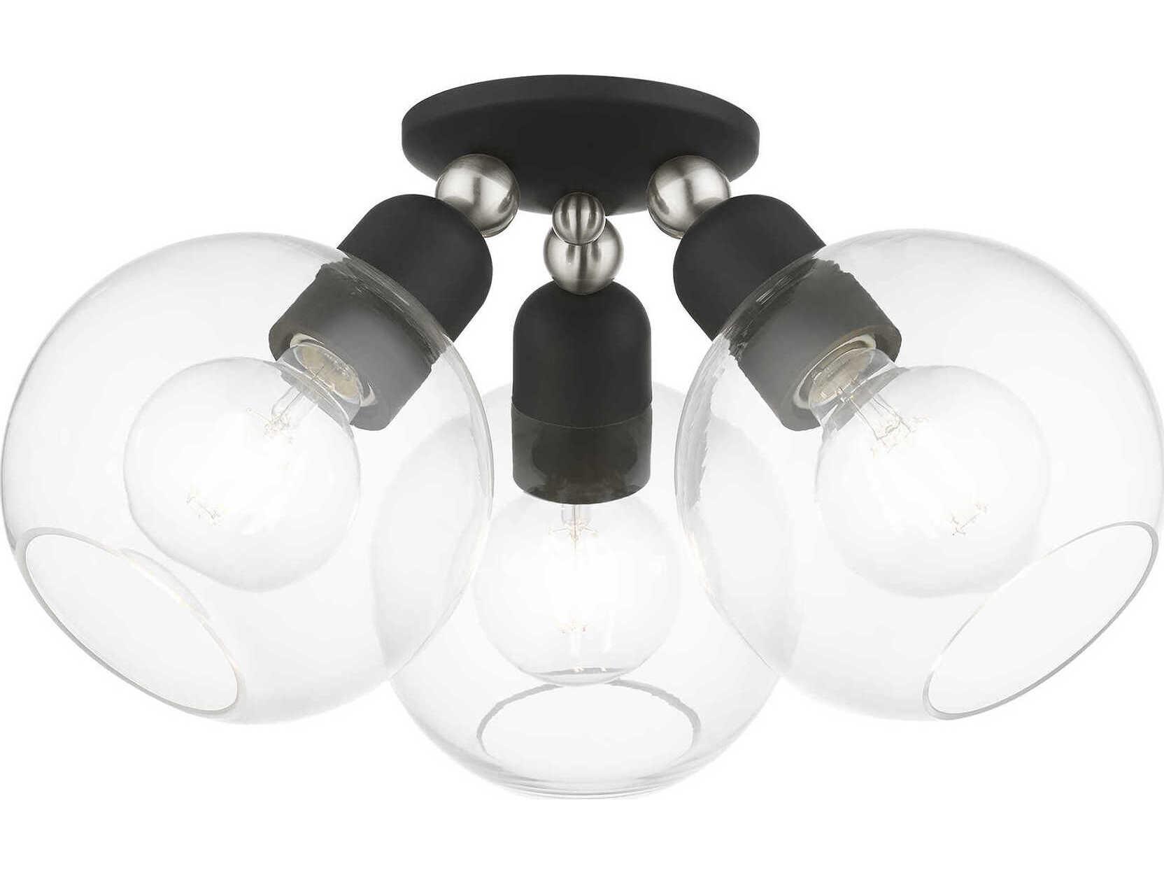 Livex Lighting Downtown 3-Light Black Brushed Nickel Glass Globe Semi Flush Mount