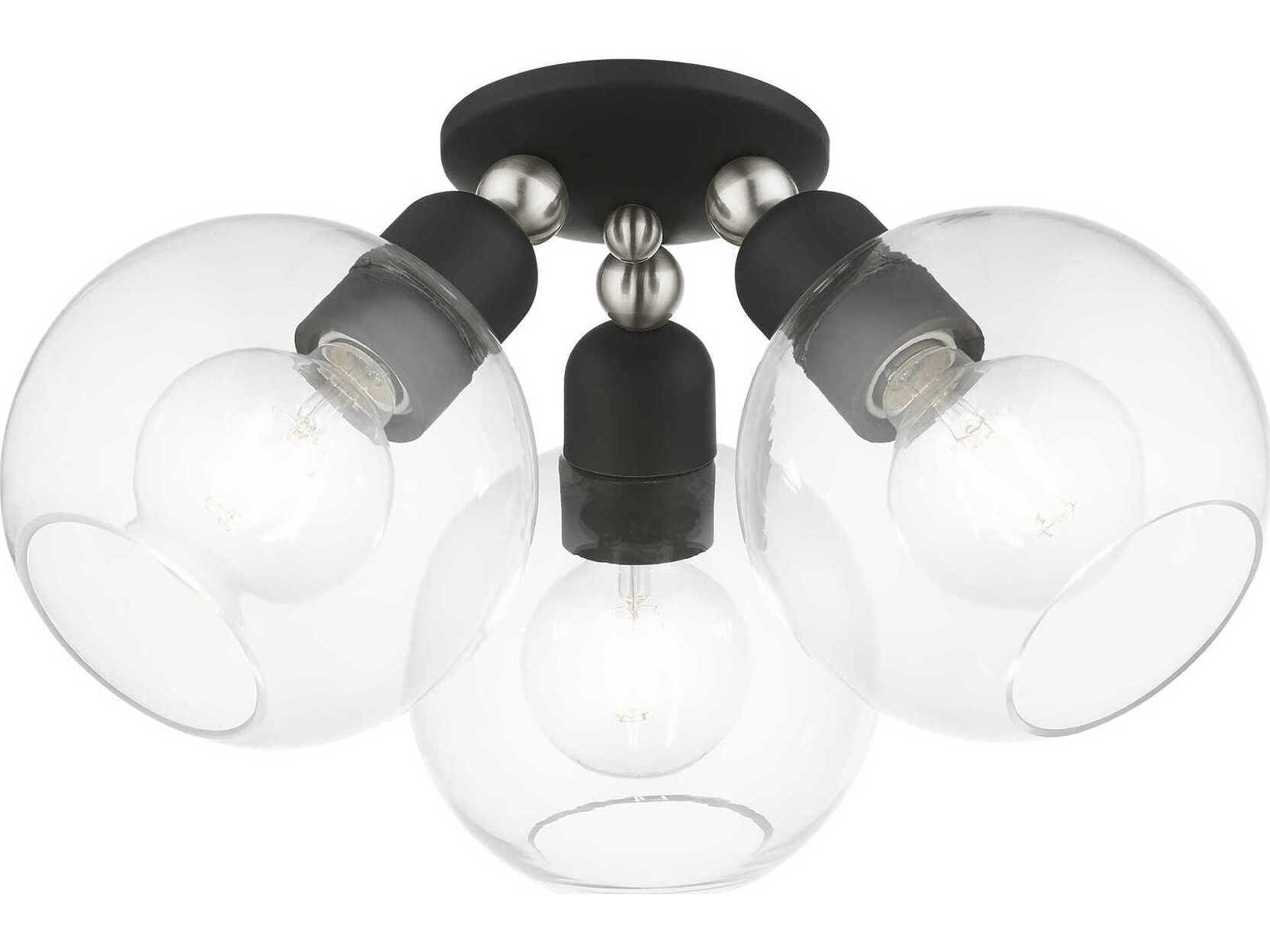Livex Lighting Downtown 3-Light Black Brushed Nickel Glass Globe Semi Flush Mount
