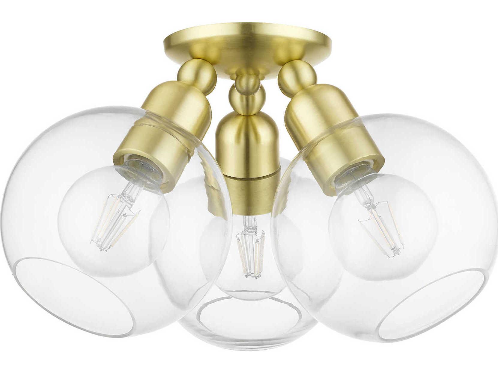 Livex Lighting Downtown 3-Light Satin Brass Glass Globe Semi Flush Mount