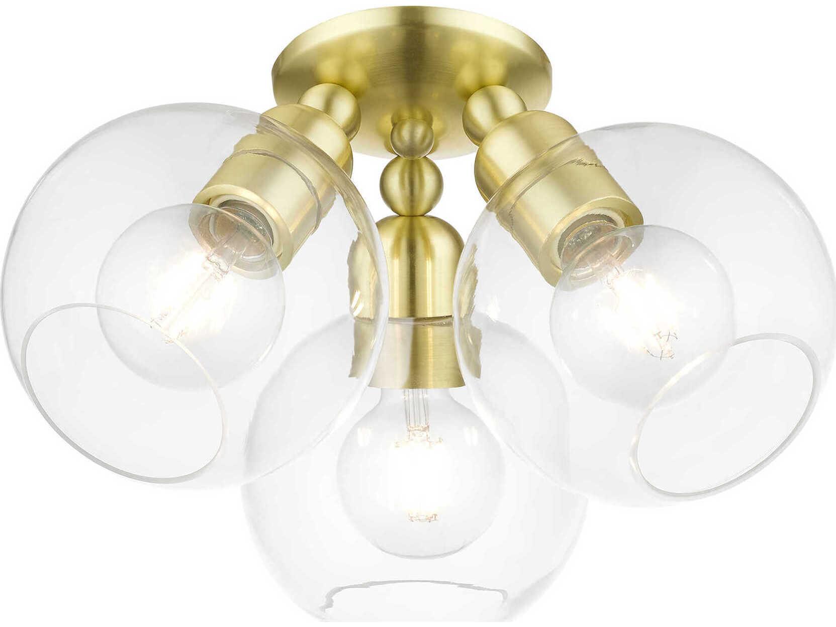 Livex Lighting Downtown 3-Light Satin Brass Glass Globe Semi Flush Mount