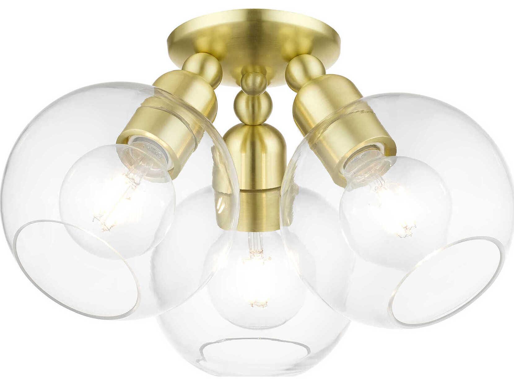 Livex Lighting Downtown 3-Light Satin Brass Glass Globe Semi Flush Mount