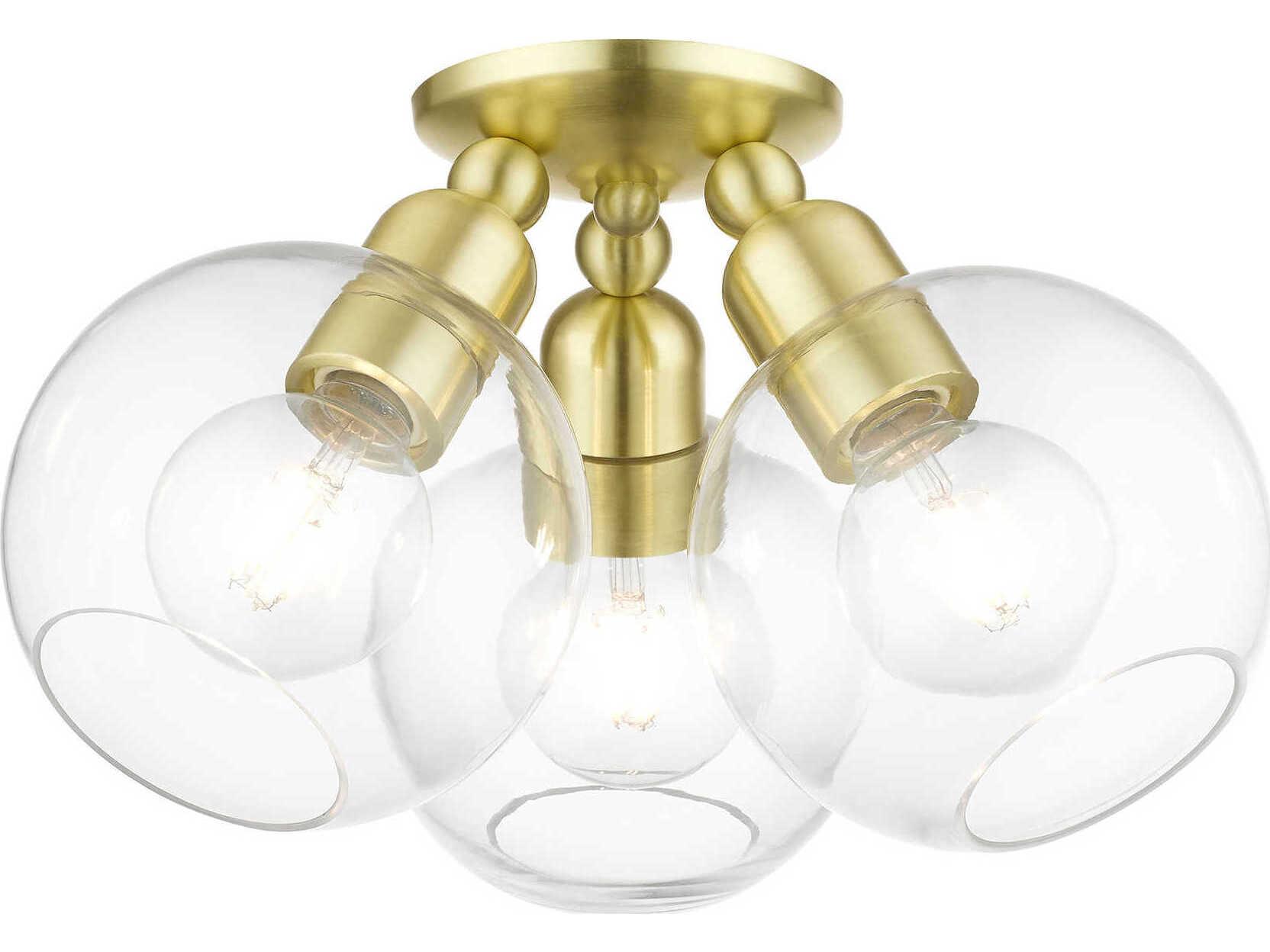 Livex Lighting Downtown 3-Light Satin Brass Glass Globe Semi Flush Mount