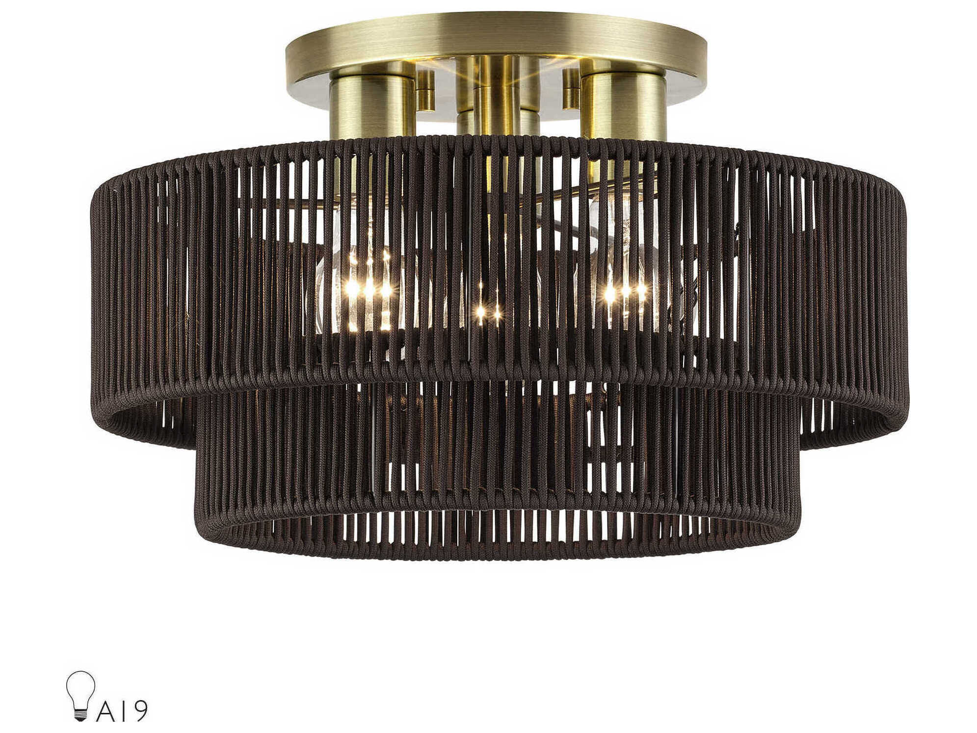 Livex Lighting Acordia 3-Light Antique Brass Gray Drum Semi Flush Mount