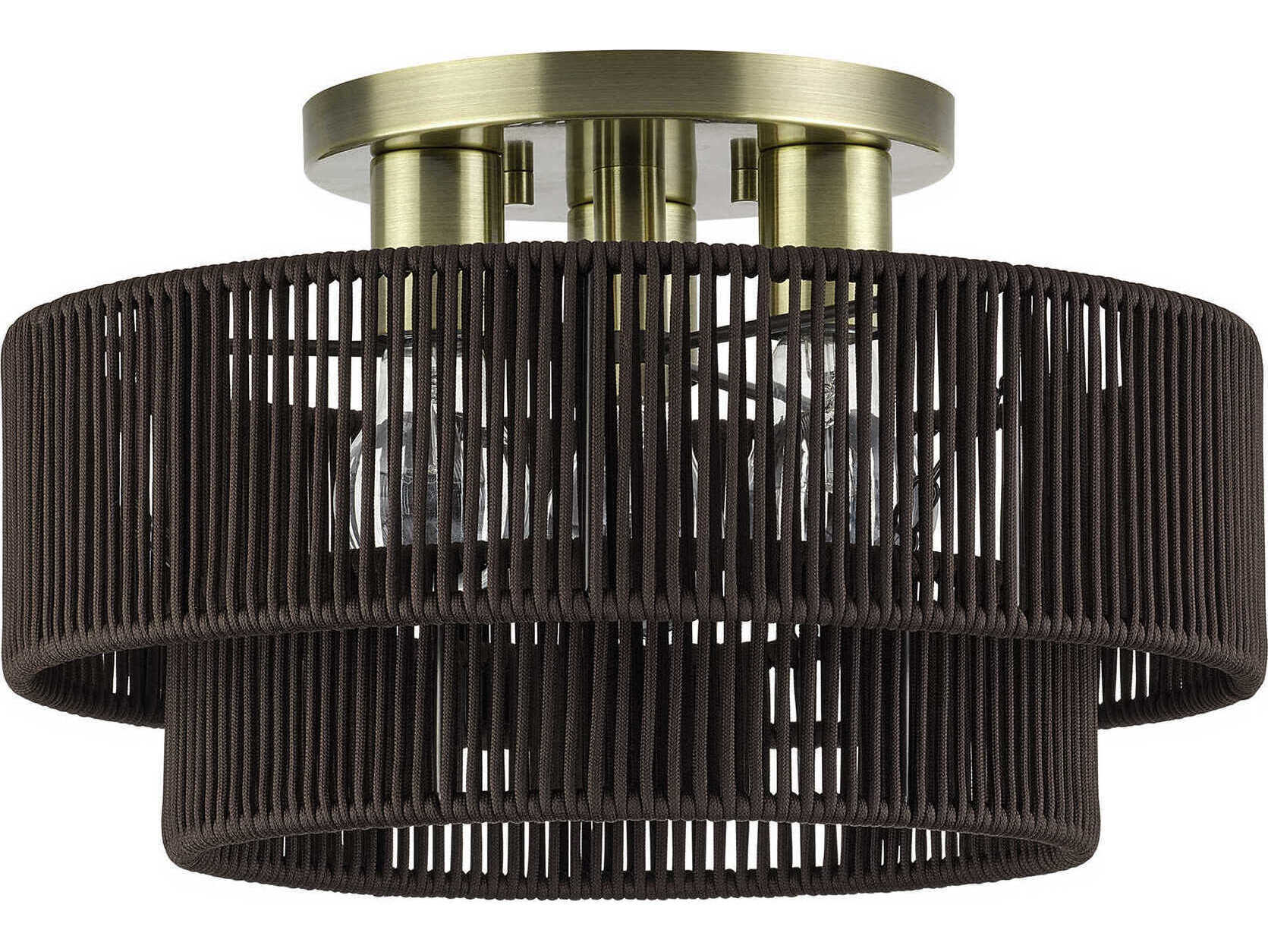 Livex Lighting Acordia 3-Light Antique Brass Gray Drum Semi Flush Mount