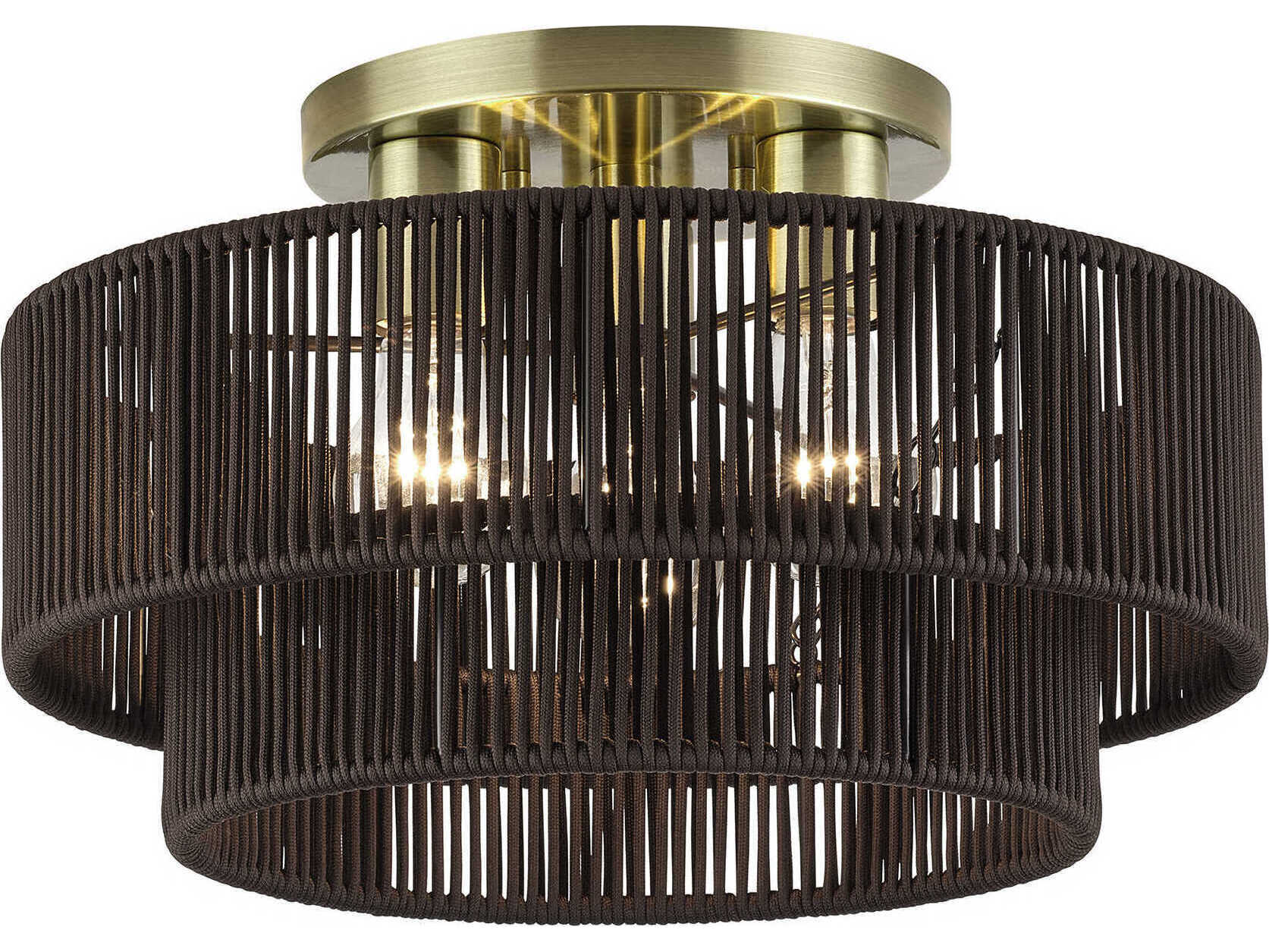 Livex Lighting Acordia 3-Light Antique Brass Gray Drum Semi Flush Mount