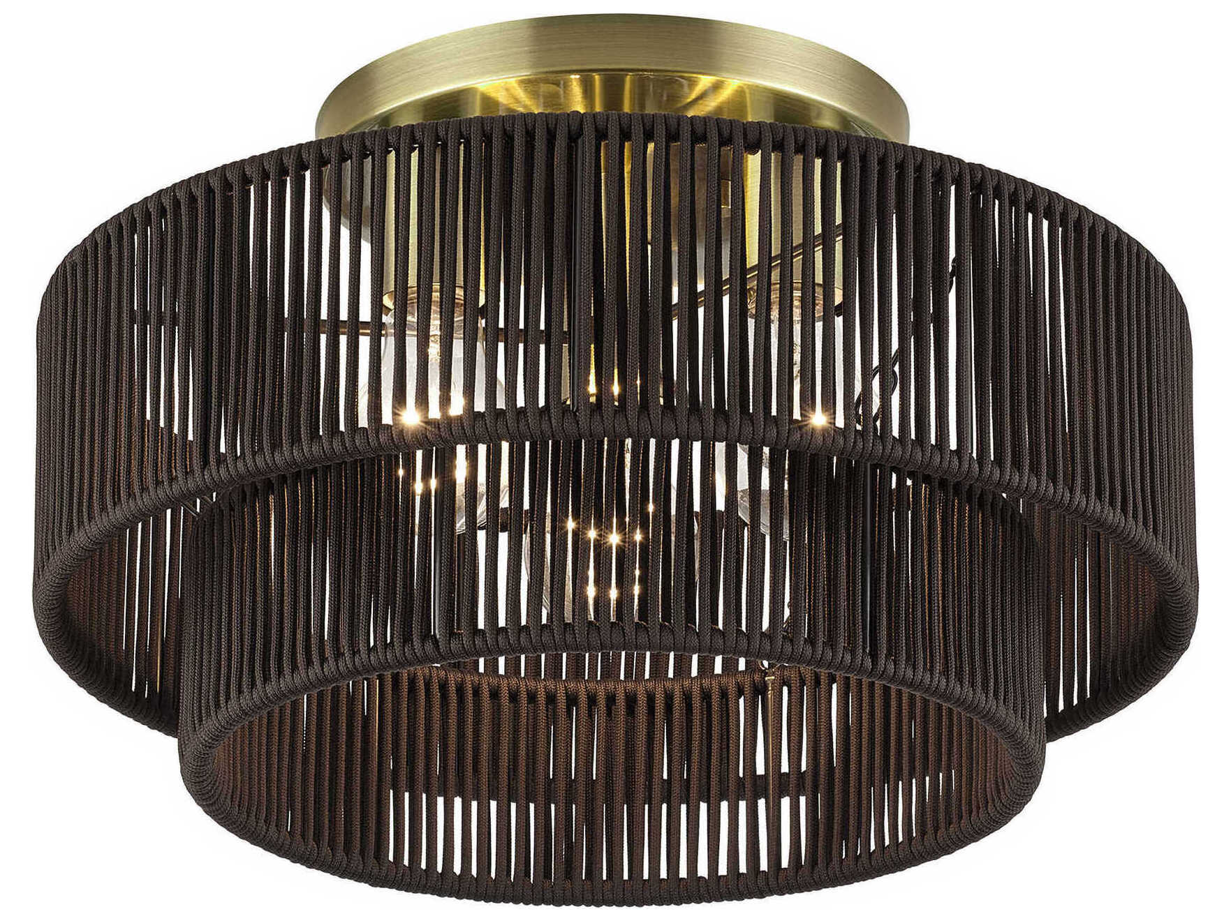 Livex Lighting Acordia 3-Light Antique Brass Gray Drum Semi Flush Mount
