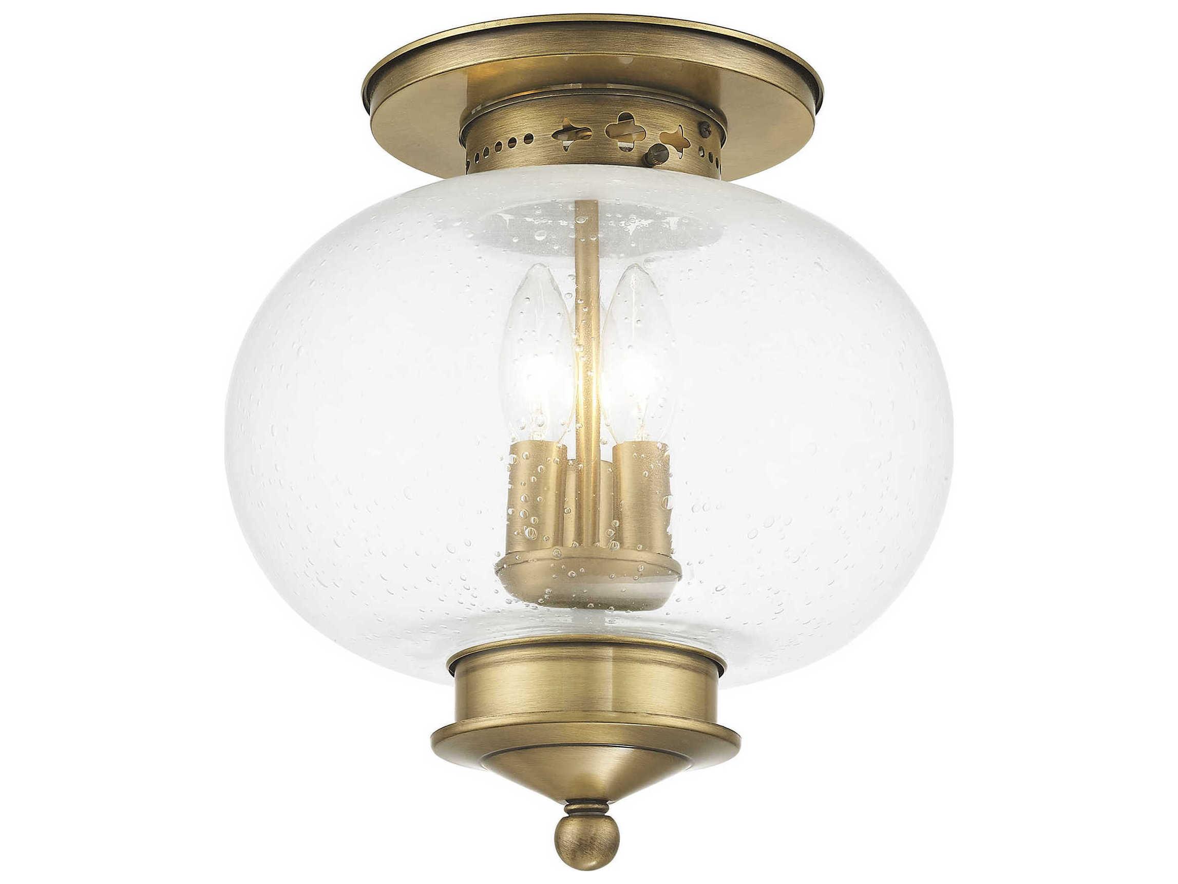 Livex Lighting Harbor 3-Light Antique Brass Glass Semi Flush Mount