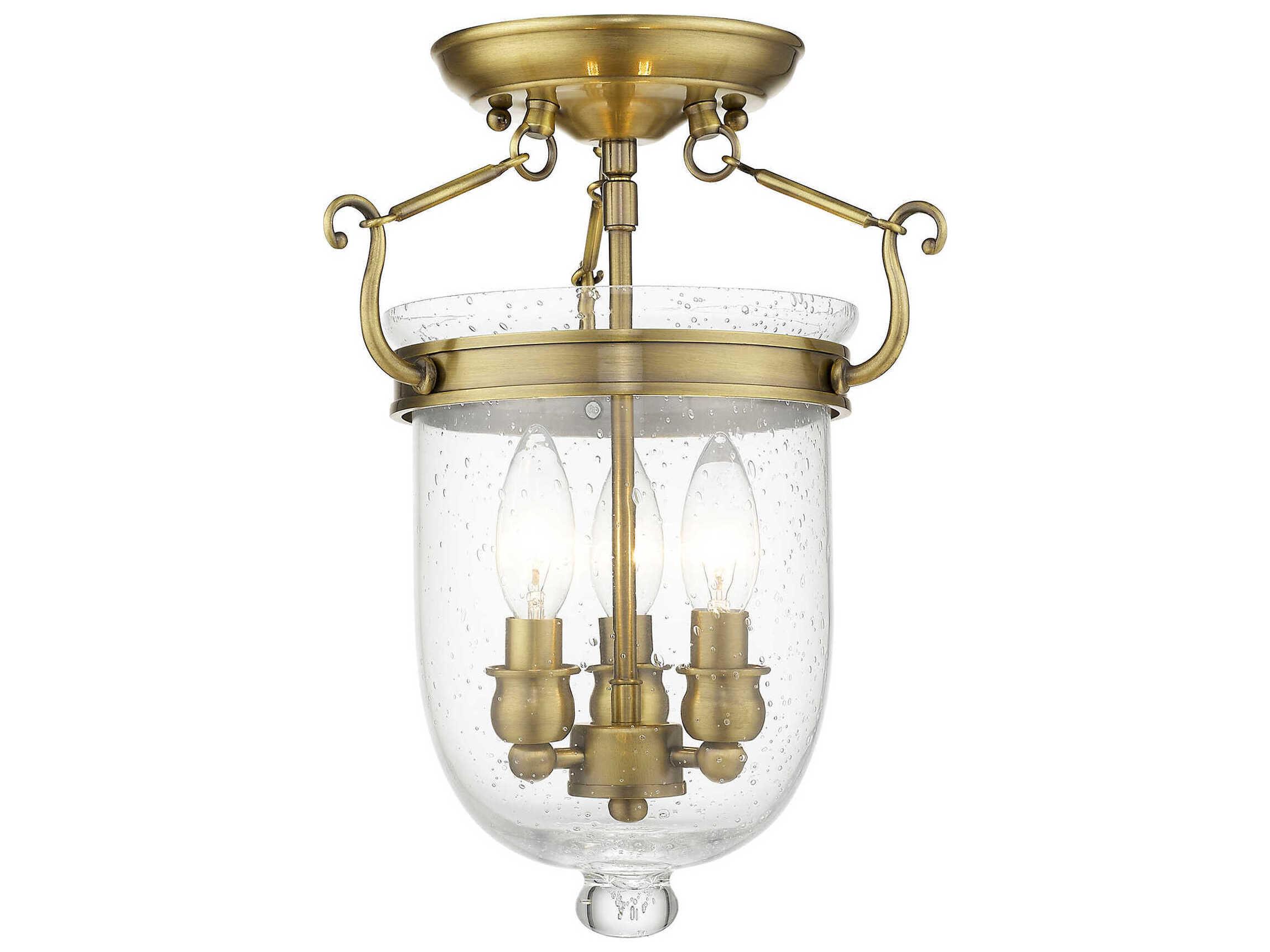 Livex Lighting Jefferson 3-Light Antique Brass Glass Bell Semi Flush Mount