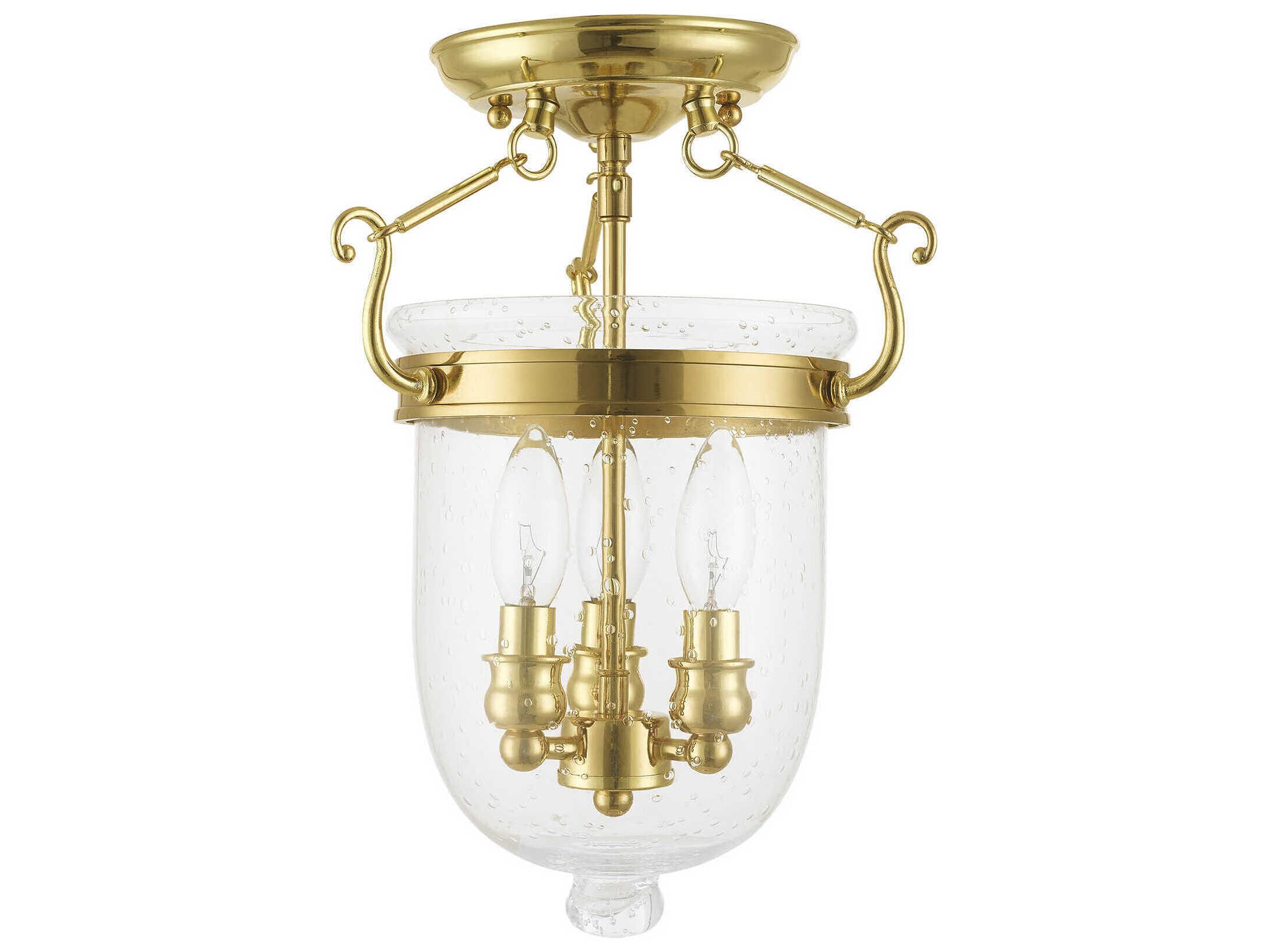 Livex Lighting Jefferson 3-Light Polished Brass Glass Bell Semi Flush Mount