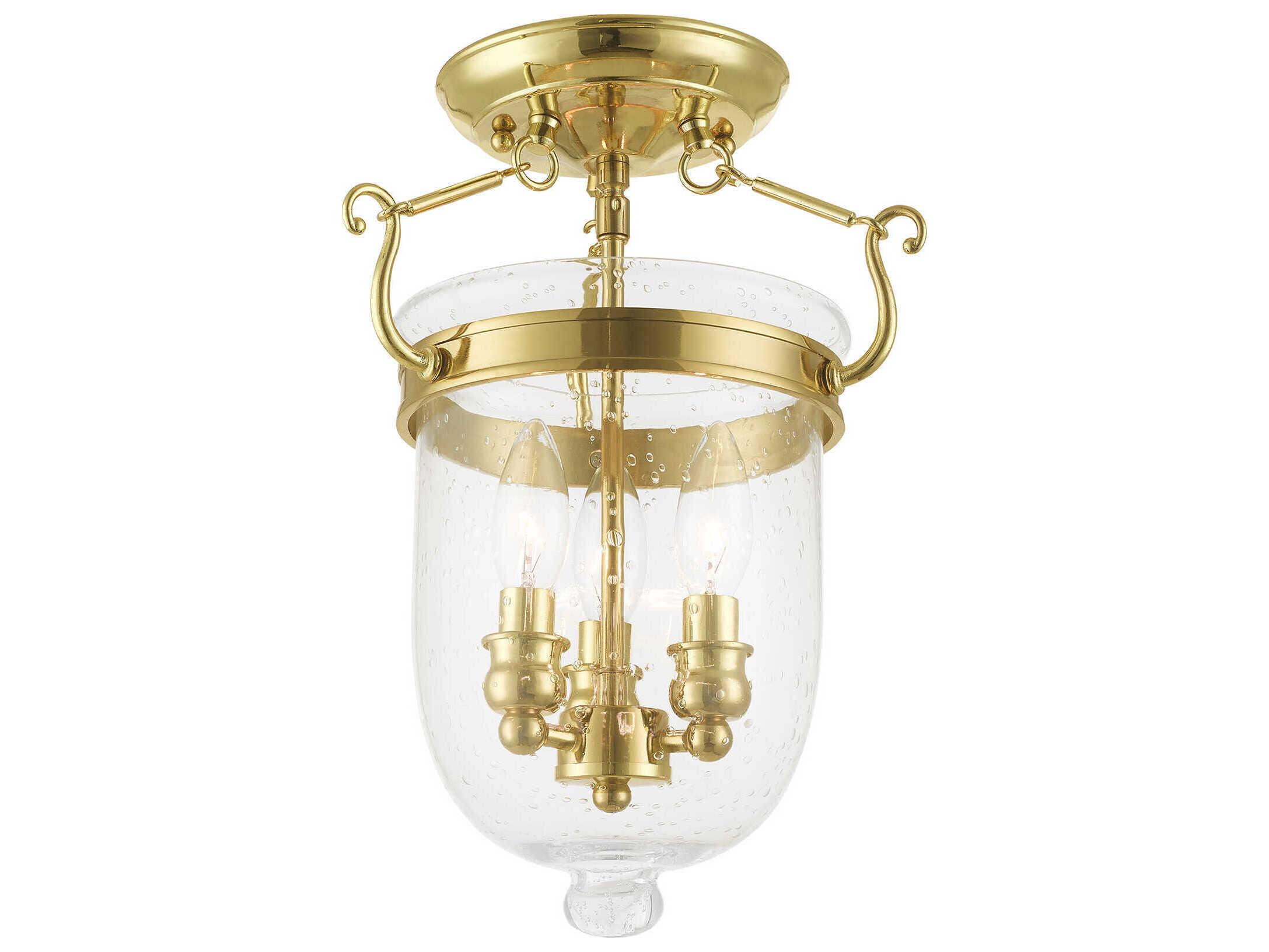 Livex Lighting Jefferson 3-Light Polished Brass Glass Bell Semi Flush Mount