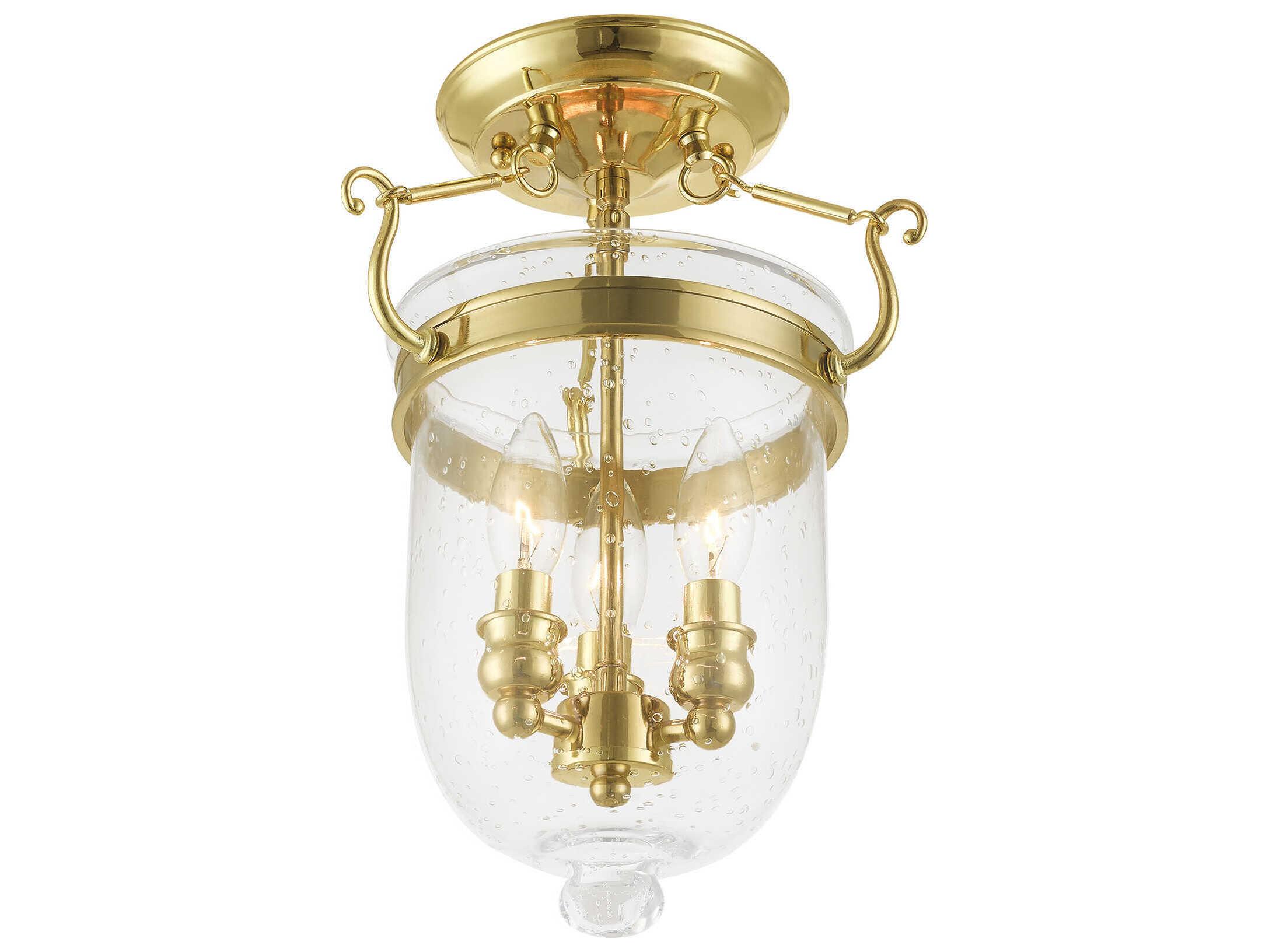 Livex Lighting Jefferson 3-Light Polished Brass Glass Bell Semi Flush Mount