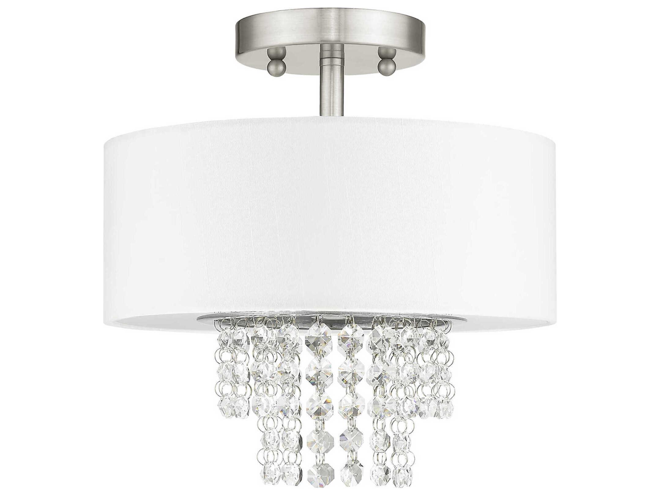 Livex Lighting Carlisle 2-Light Brushed Nickel Off White Crystal Drum Semi Flush Mount