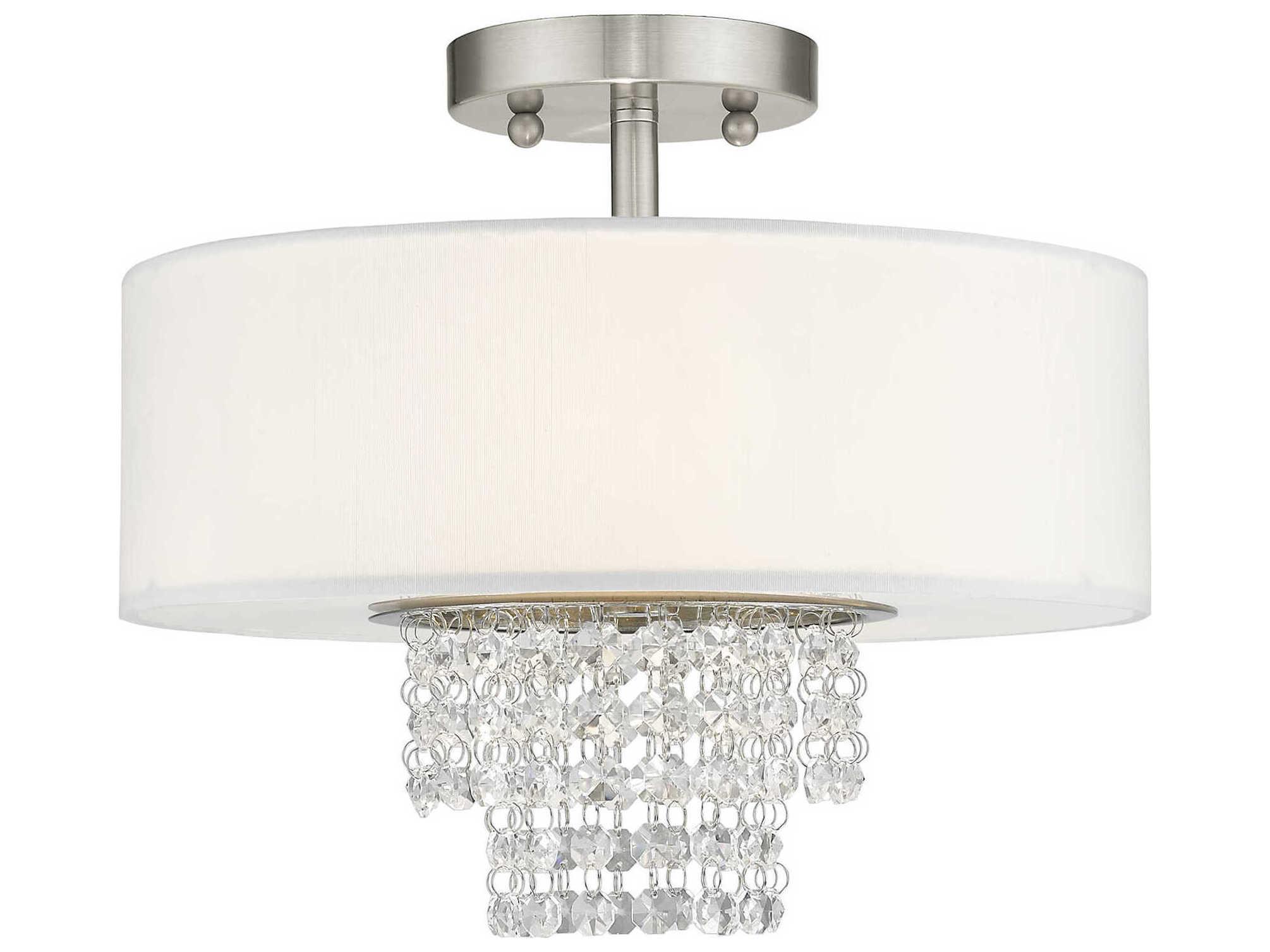 Livex Lighting Carlisle 2-Light Brushed Nickel Off White Crystal Drum Semi Flush Mount