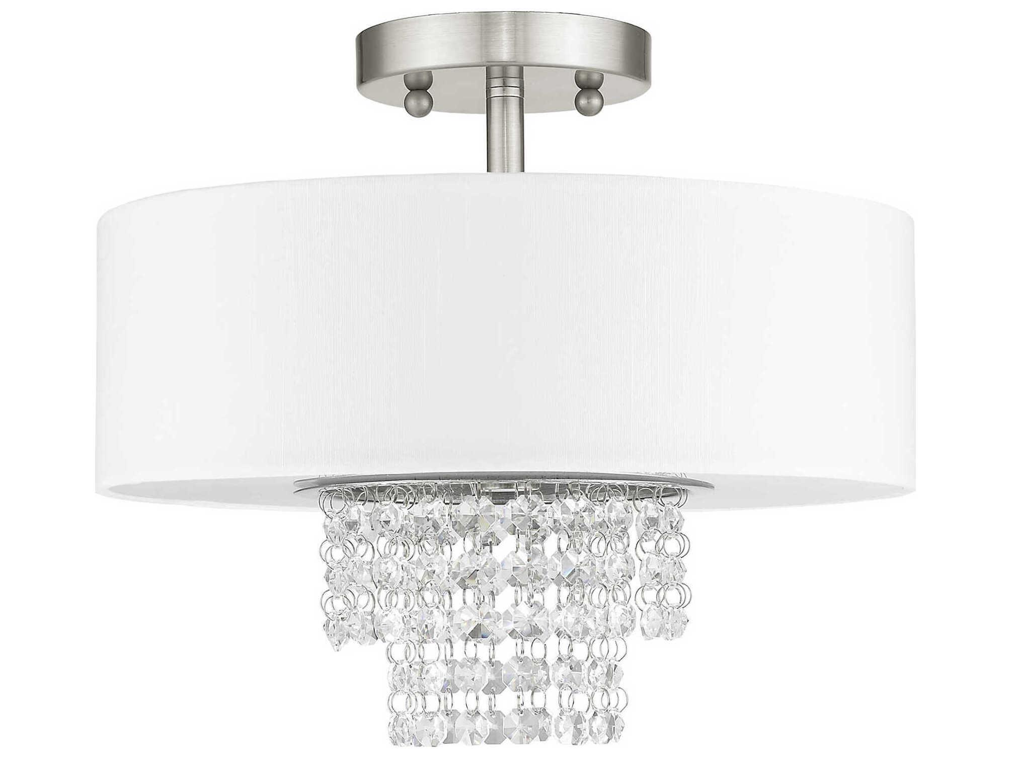 Livex Lighting Carlisle 2-Light Brushed Nickel Off White Crystal Drum Semi Flush Mount