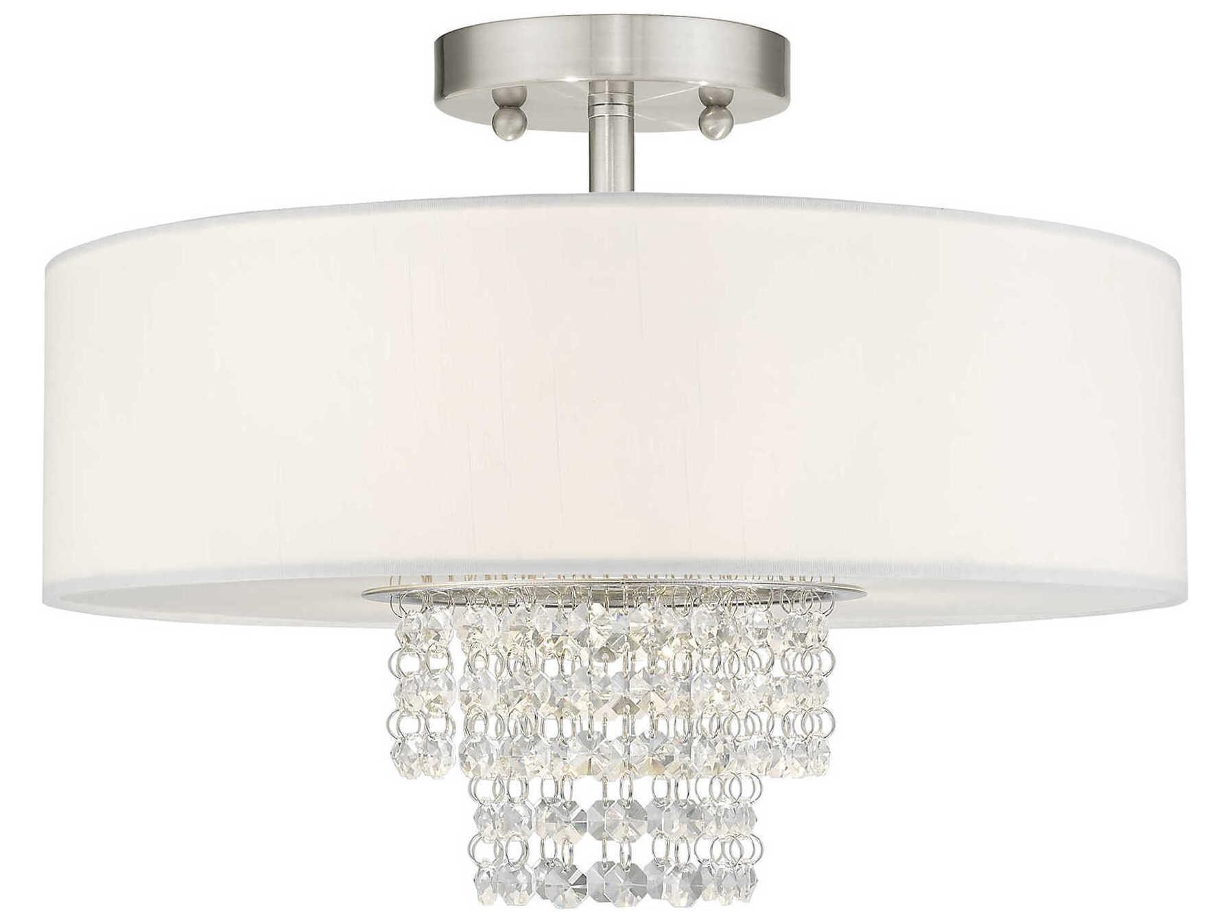 Livex Lighting Carlisle 3-Light Brushed Nickel Off White Crystal Drum Semi Flush Mount